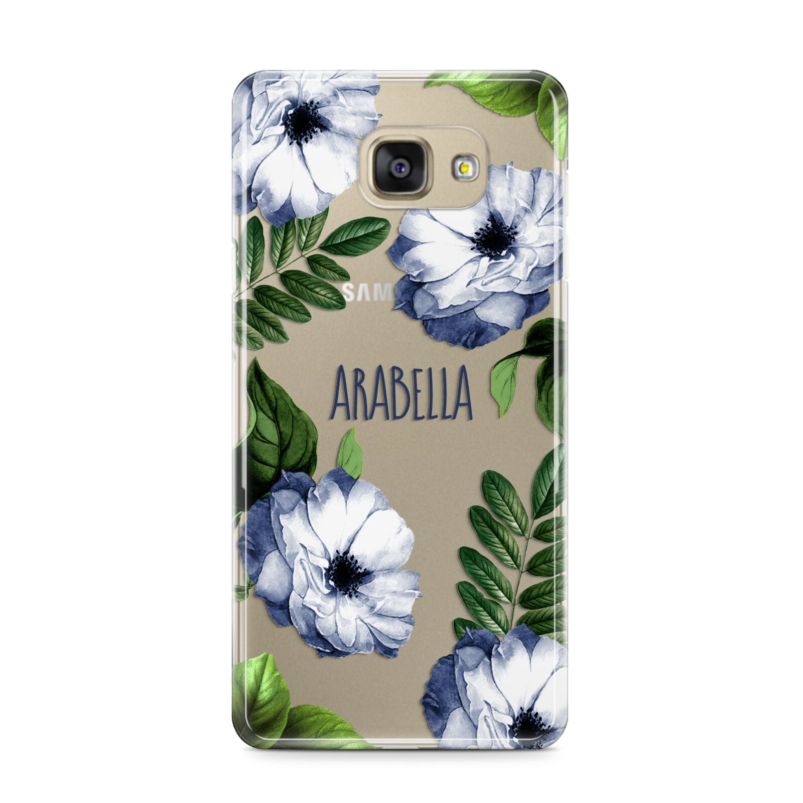 Blue Floral Personalised Samsung Galaxy A9 2016 Case on gold phone