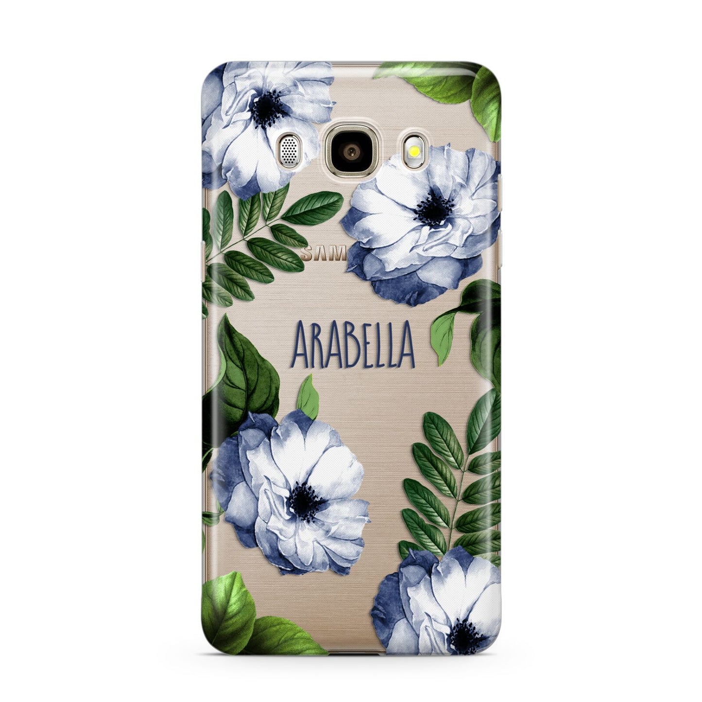 Blue Floral Personalised Samsung Galaxy J7 2016 Case on gold phone