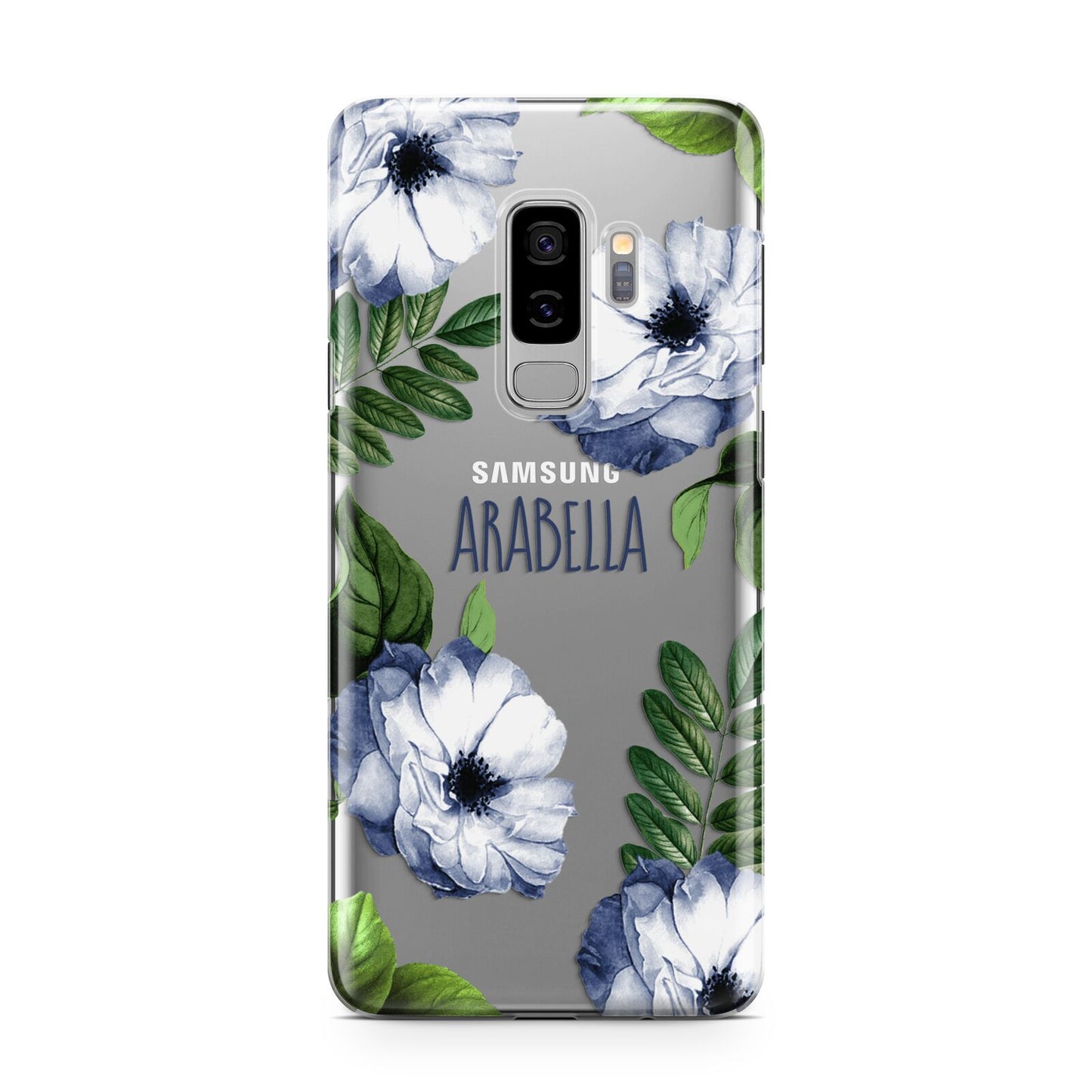 Blue Floral Personalised Samsung Galaxy S9 Plus Case on Silver phone