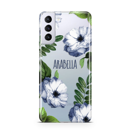 Blue Floral Personalised Samsung S21 Plus Phone Case