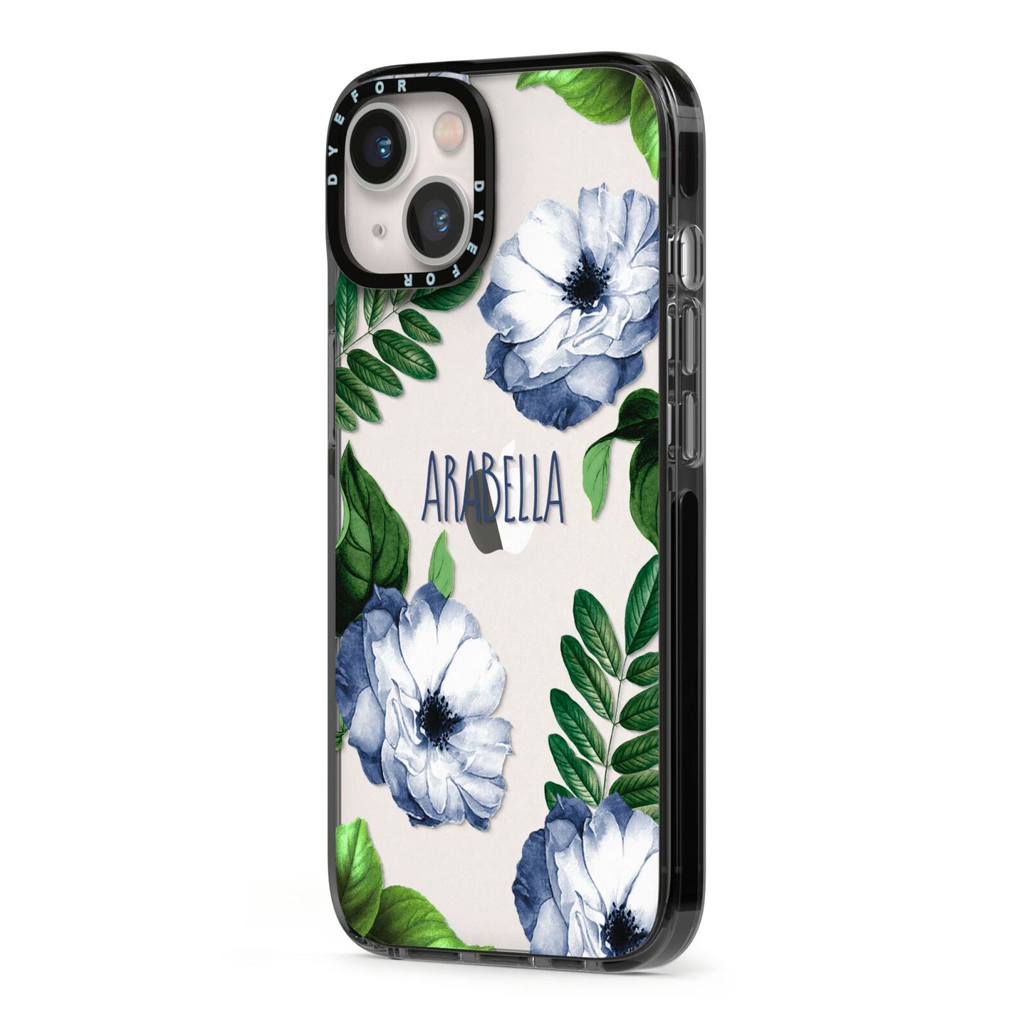 Blue Floral Personalised iPhone 13 Black Impact Case Side Angle on Silver phone