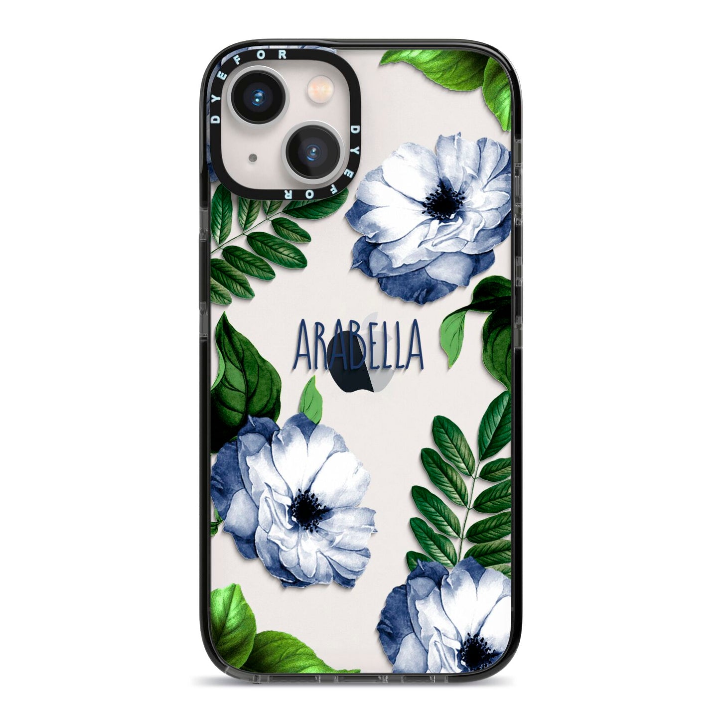 Blue Floral Personalised iPhone 13 Black Impact Case on Silver phone