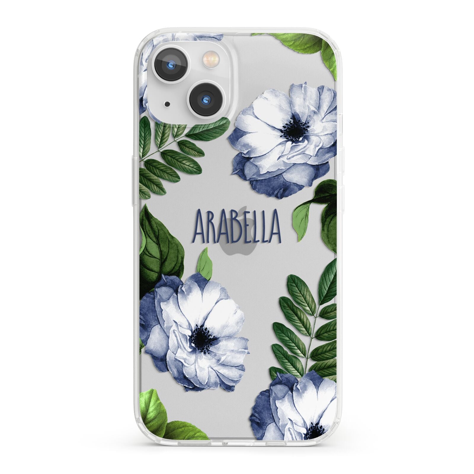 Blue Floral Personalised iPhone 13 Clear Bumper Case