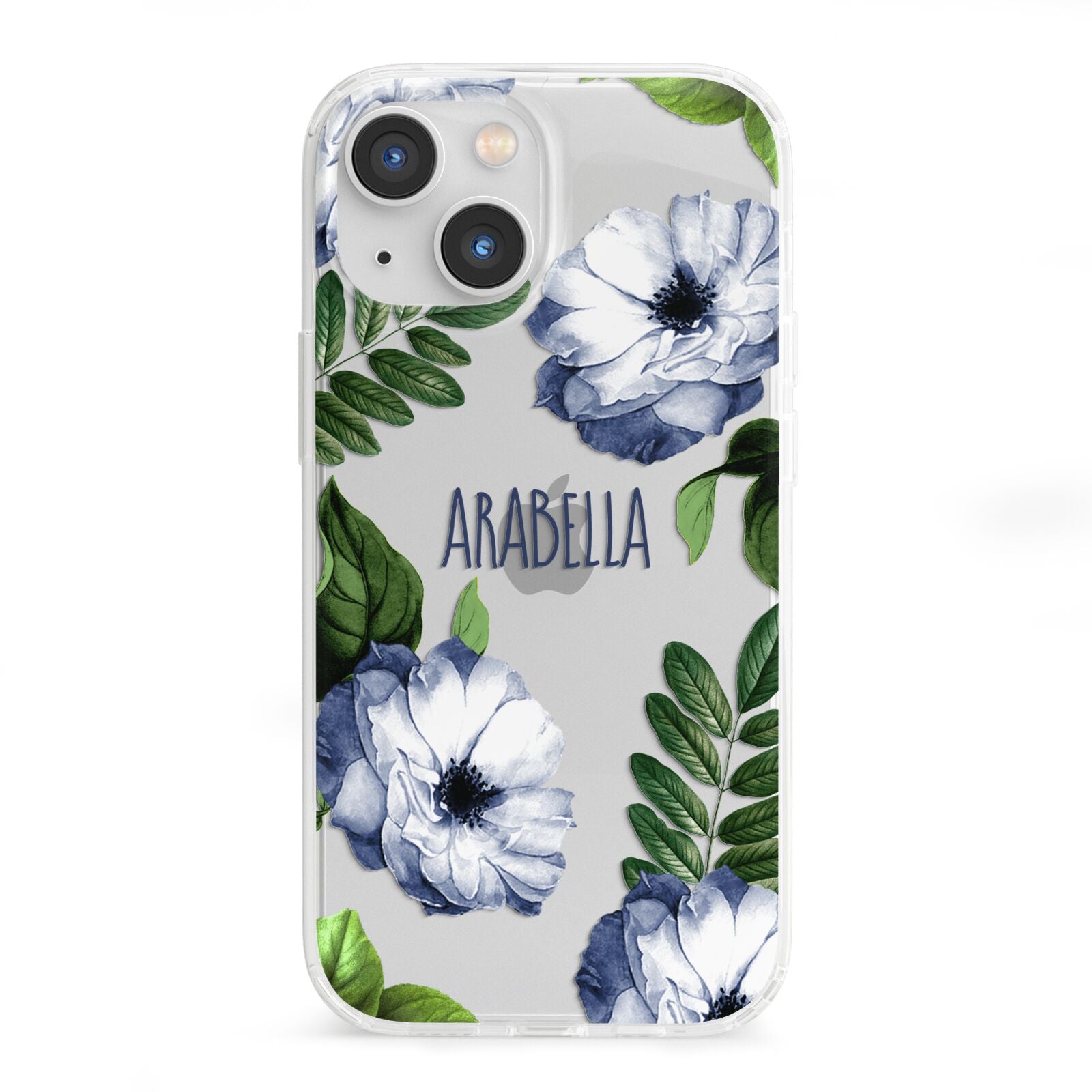 Blue Floral Personalised iPhone 13 Mini Clear Bumper Case