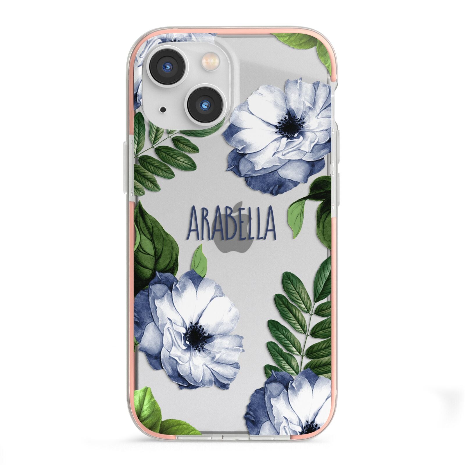 Blue Floral Personalised iPhone 13 Mini TPU Impact Case with Pink Edges