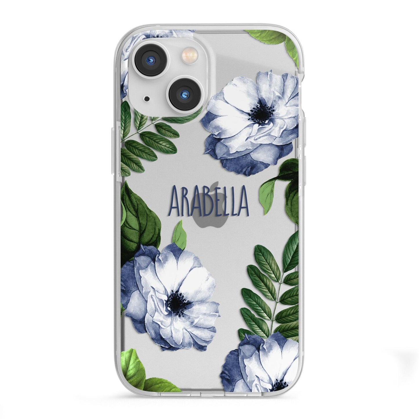 Blue Floral Personalised iPhone 13 Mini TPU Impact Case with White Edges