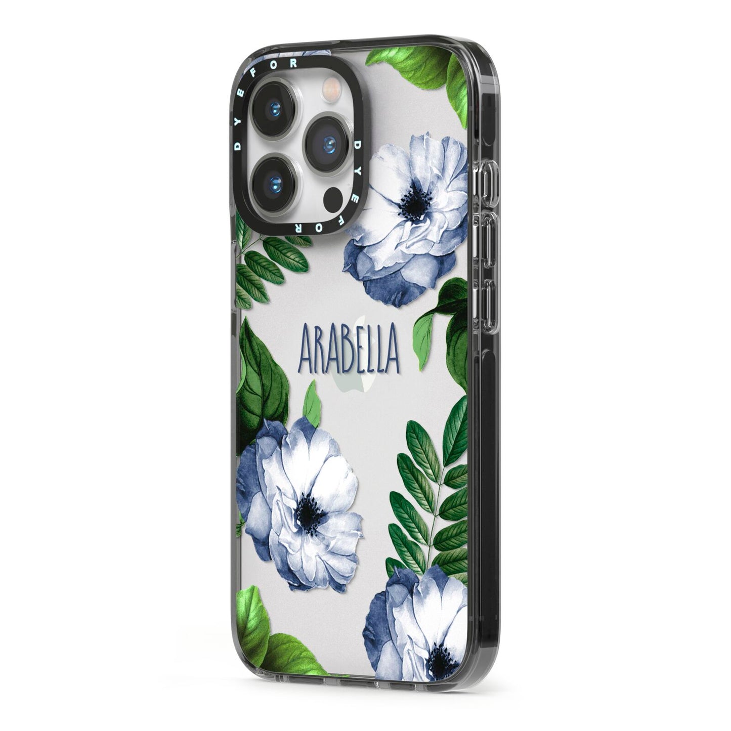 Blue Floral Personalised iPhone 13 Pro Black Impact Case Side Angle on Silver phone