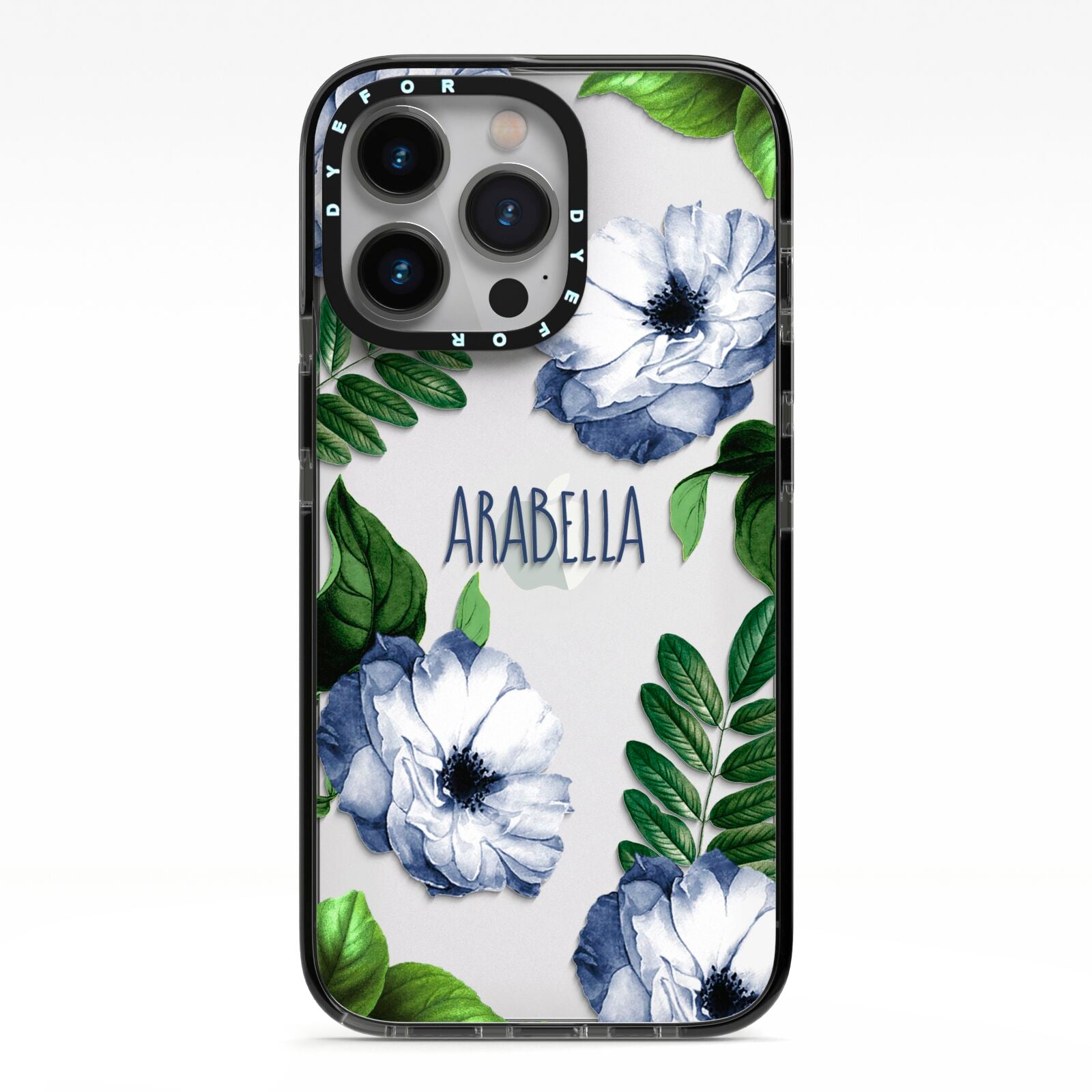 Blue Floral Personalised iPhone 13 Pro Black Impact Case on Silver phone