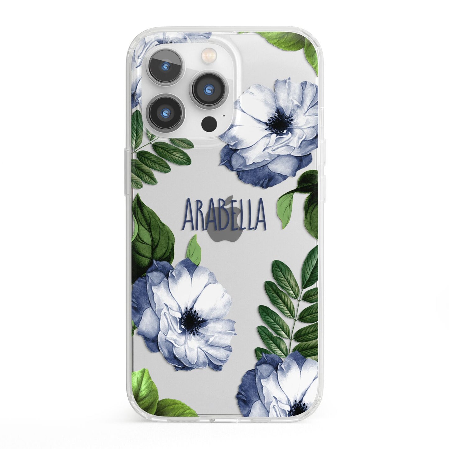 Blue Floral Personalised iPhone 13 Pro Clear Bumper Case