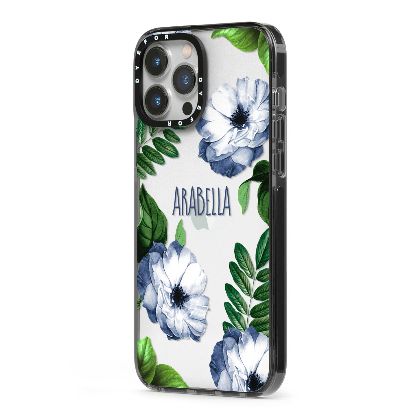 Blue Floral Personalised iPhone 13 Pro Max Black Impact Case Side Angle on Silver phone