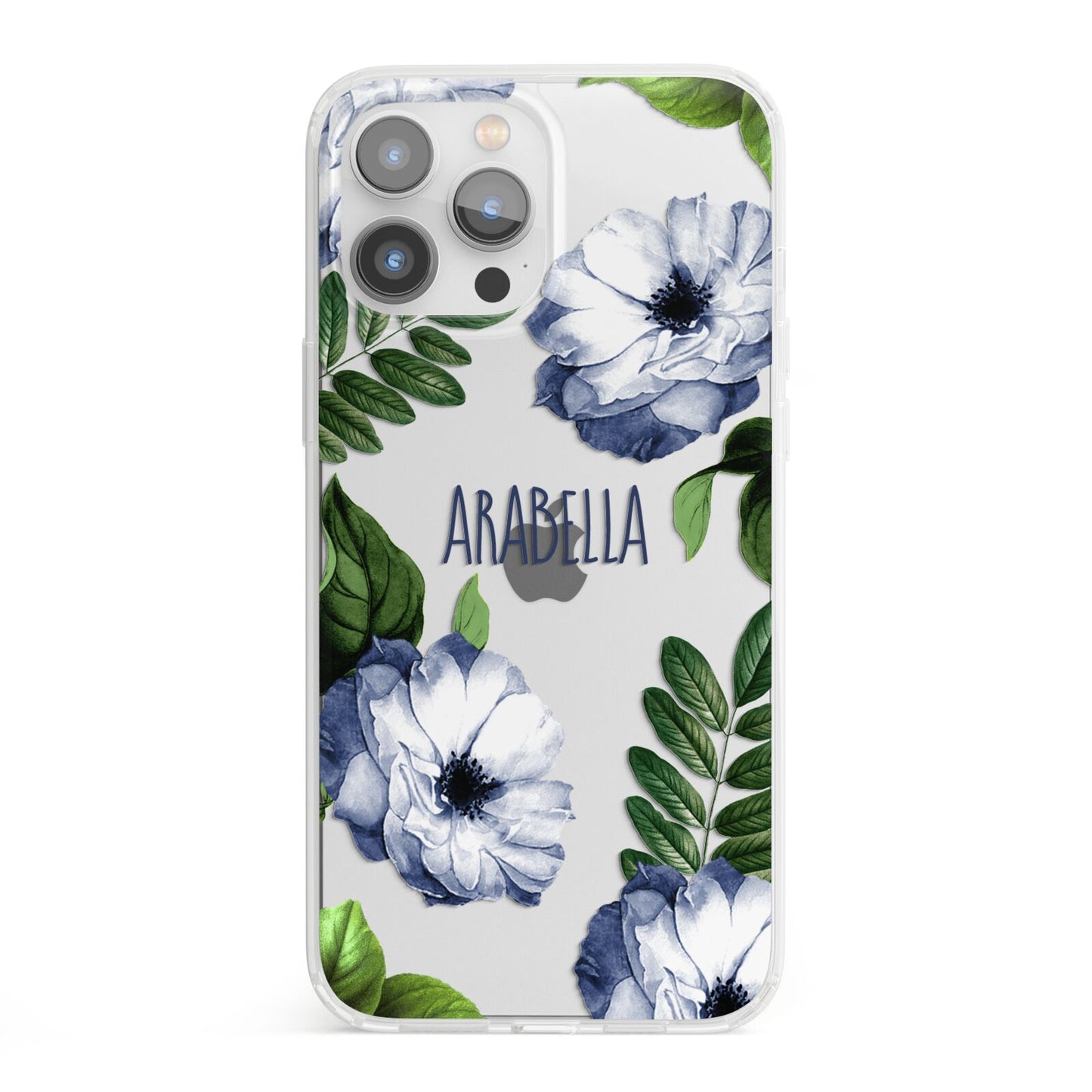 Blue Floral Personalised iPhone 13 Pro Max Clear Bumper Case