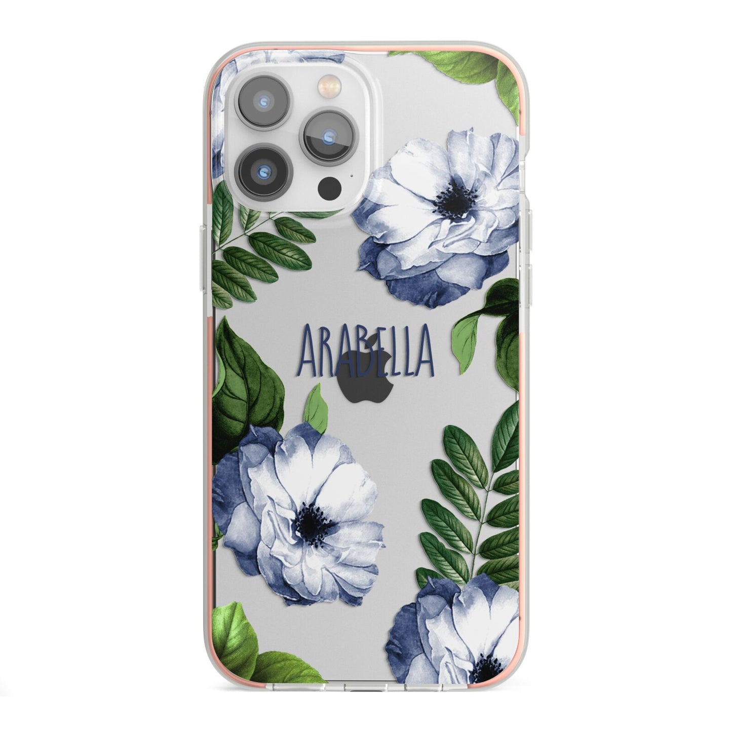 Blue Floral Personalised iPhone 13 Pro Max TPU Impact Case with Pink Edges