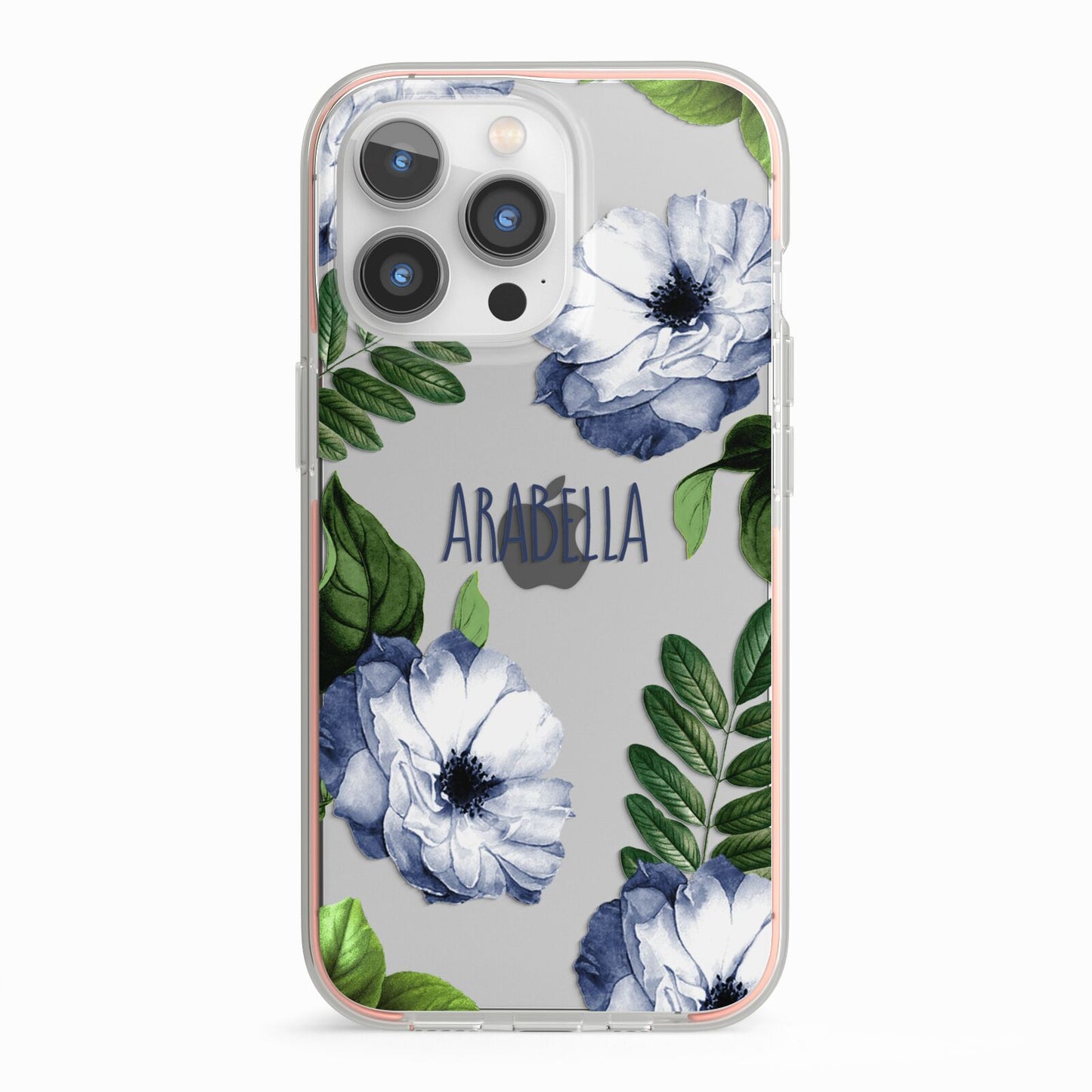 Blue Floral Personalised iPhone 13 Pro TPU Impact Case with Pink Edges