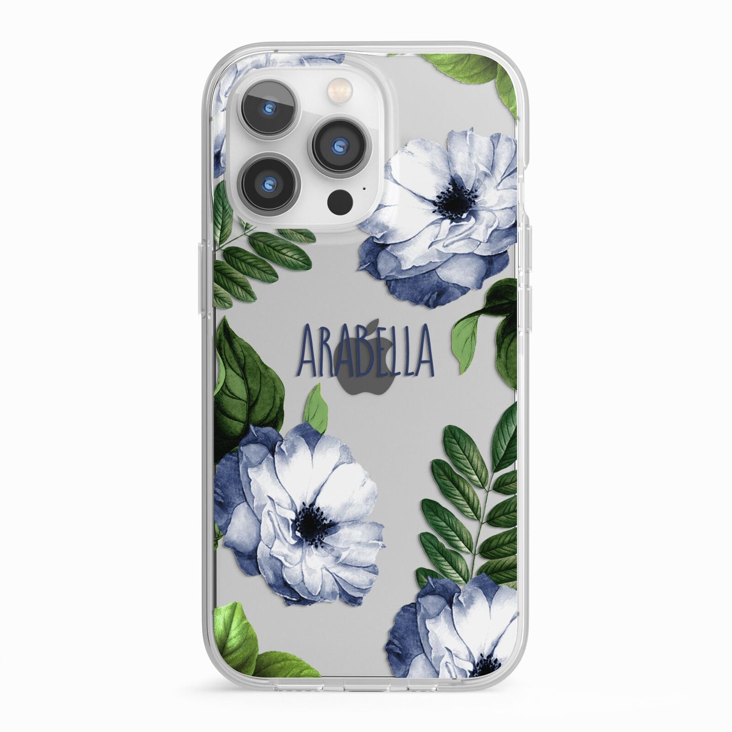 Blue Floral Personalised iPhone 13 Pro TPU Impact Case with White Edges