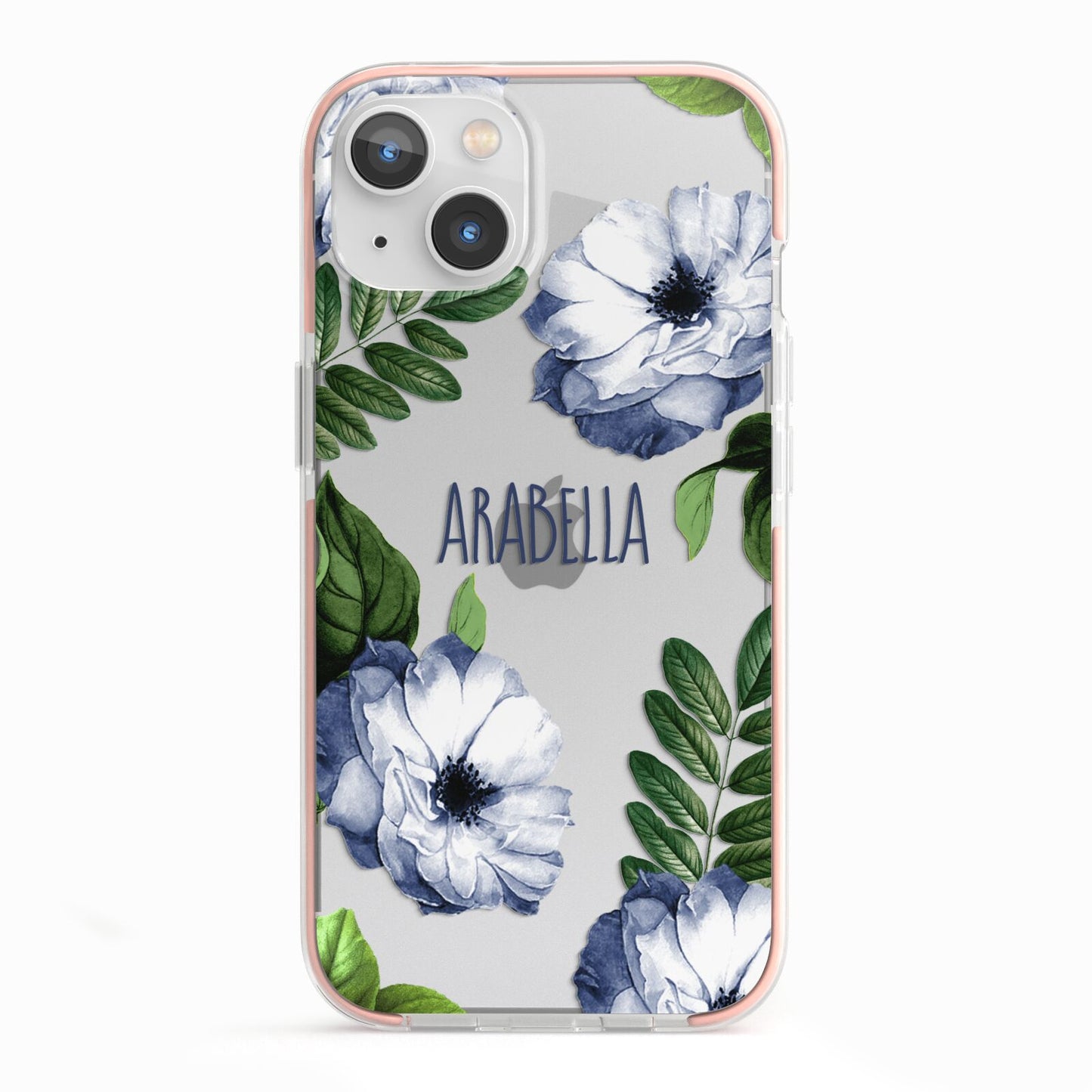 Blue Floral Personalised iPhone 13 TPU Impact Case with Pink Edges