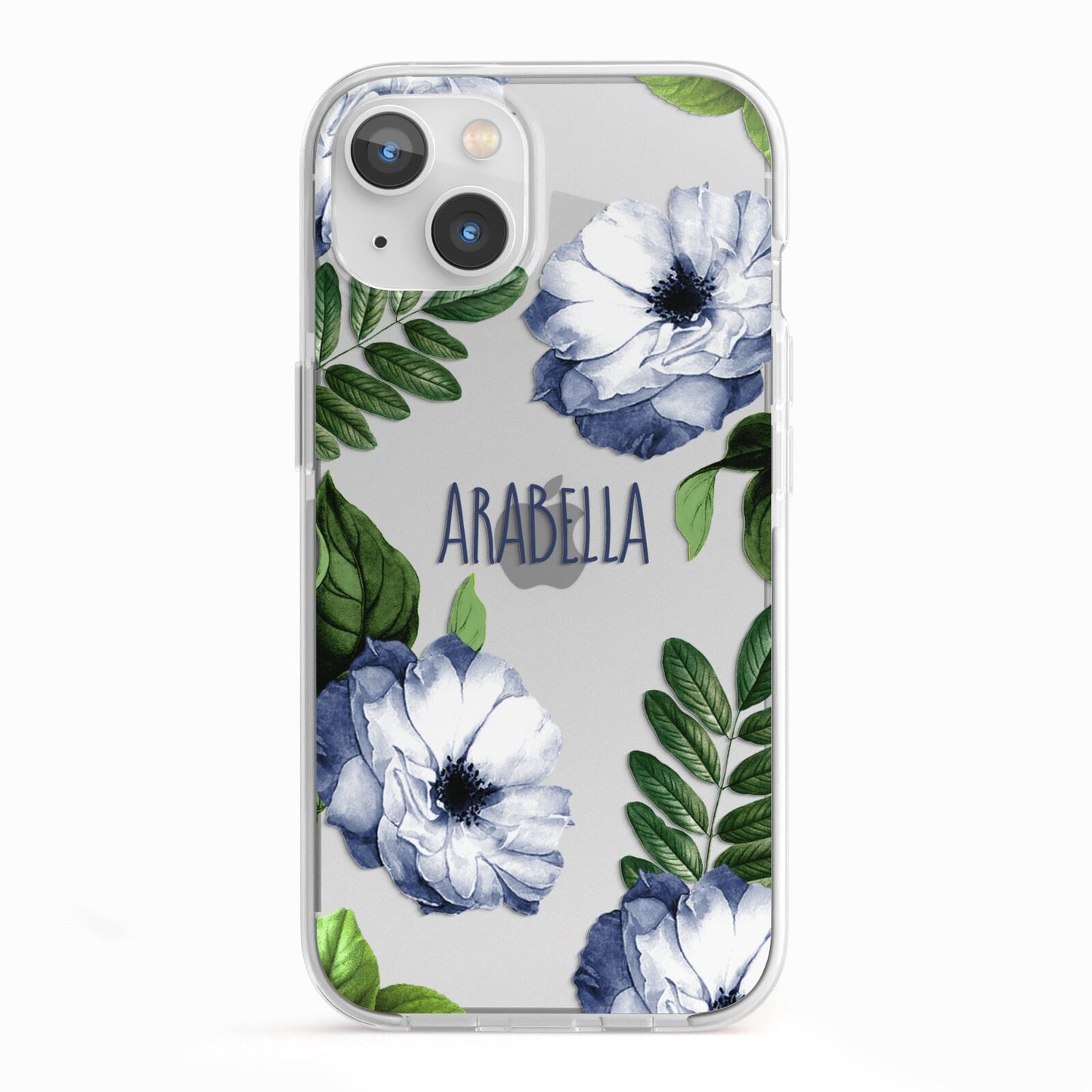 Blue Floral Personalised iPhone 13 TPU Impact Case with White Edges