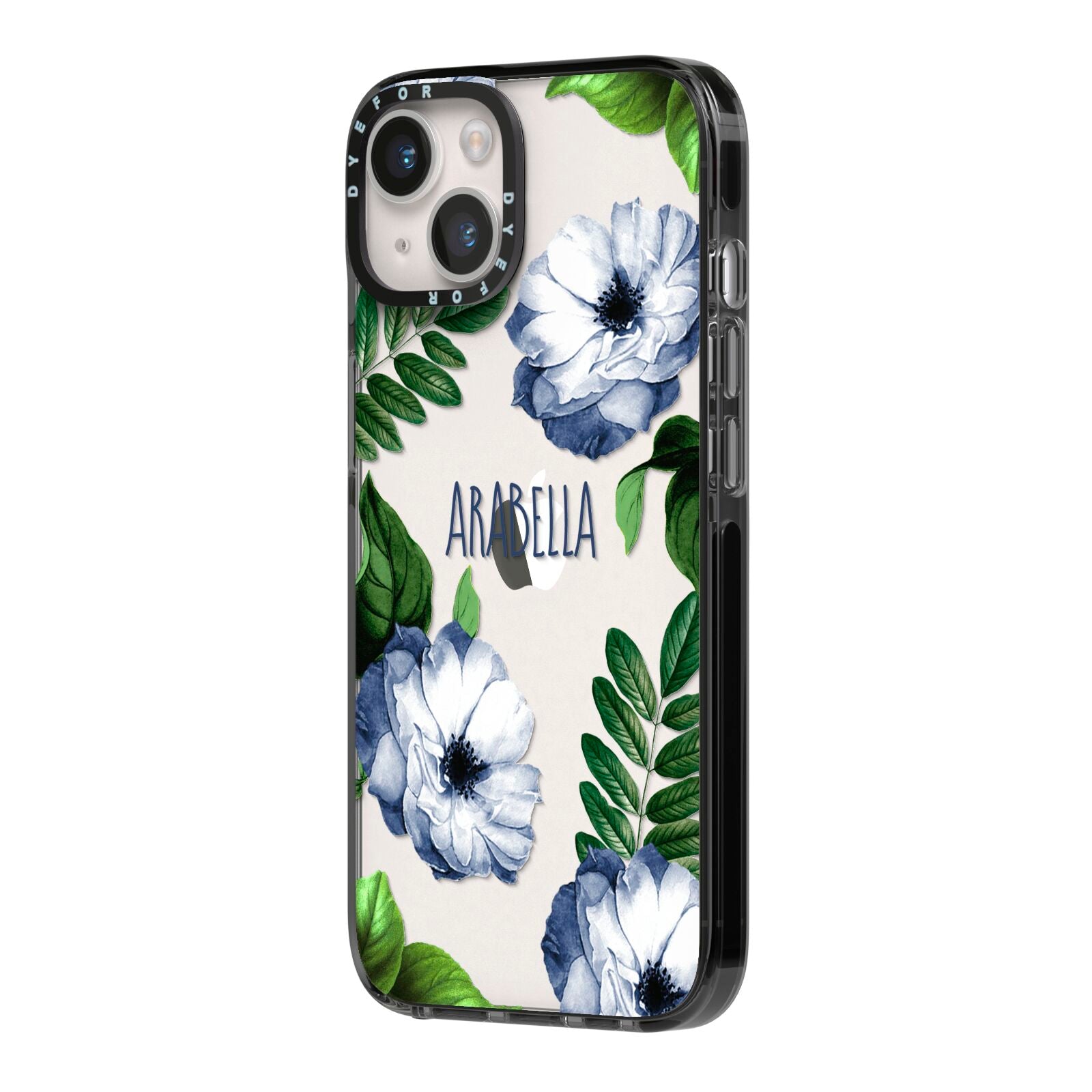 Blue Floral Personalised iPhone 14 Black Impact Case Side Angle on Silver phone