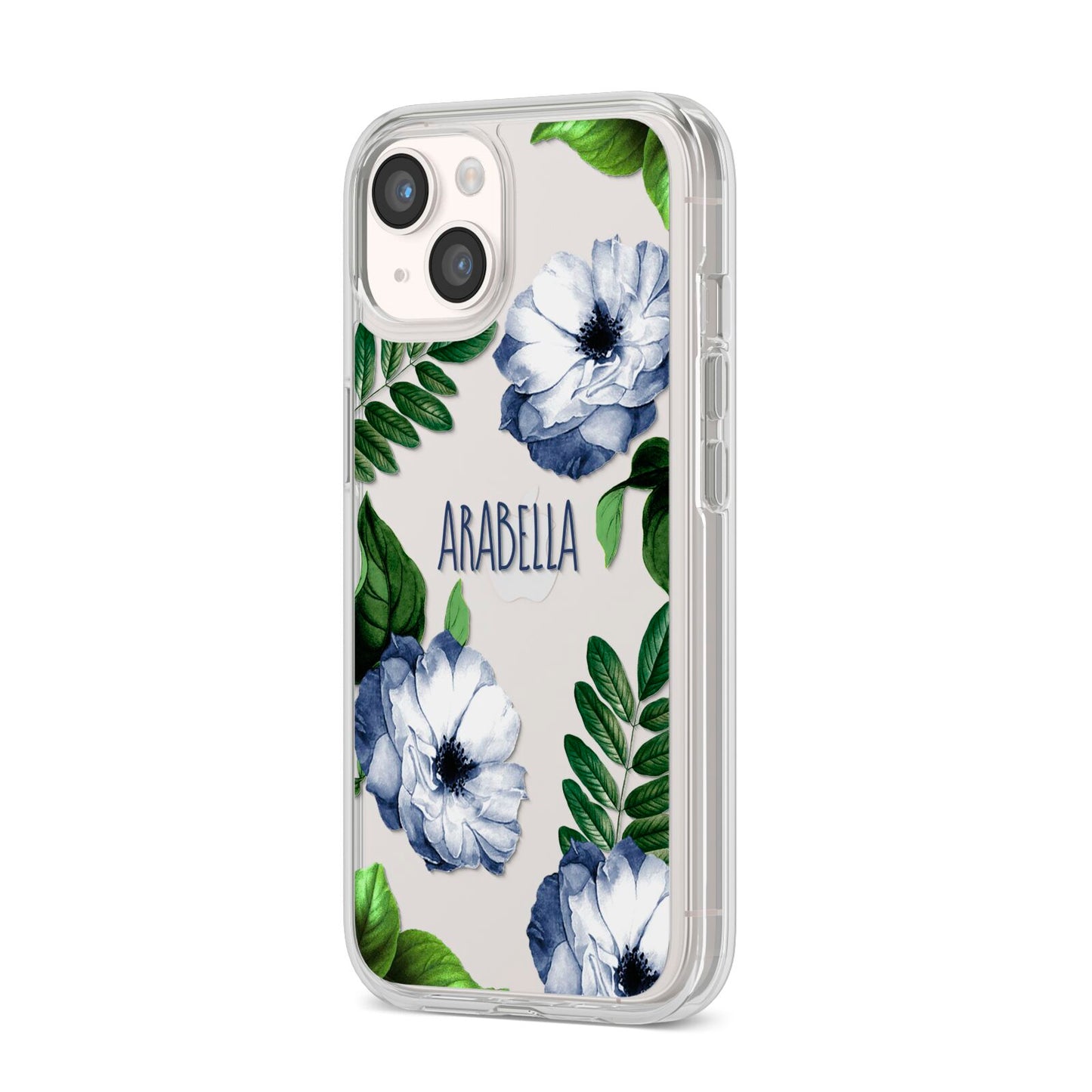 Blue Floral Personalised iPhone 14 Clear Tough Case Starlight Angled Image