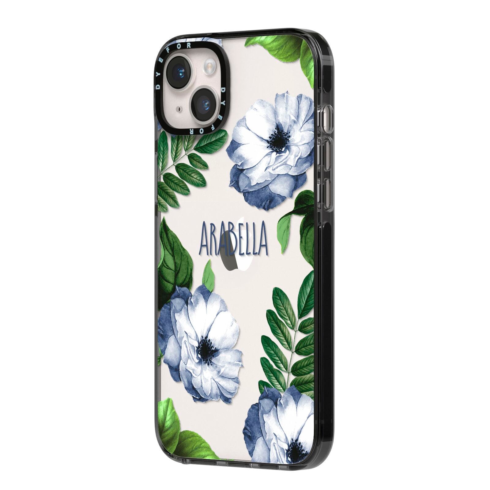 Blue Floral Personalised iPhone 14 Plus Black Impact Case Side Angle on Silver phone