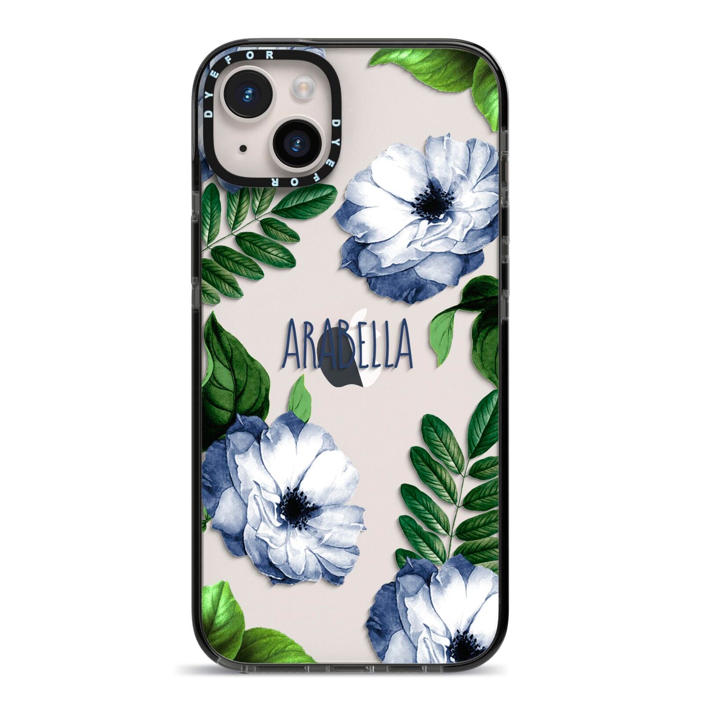 Blue Floral Personalised iPhone 14 Plus Black Impact Case on Silver phone