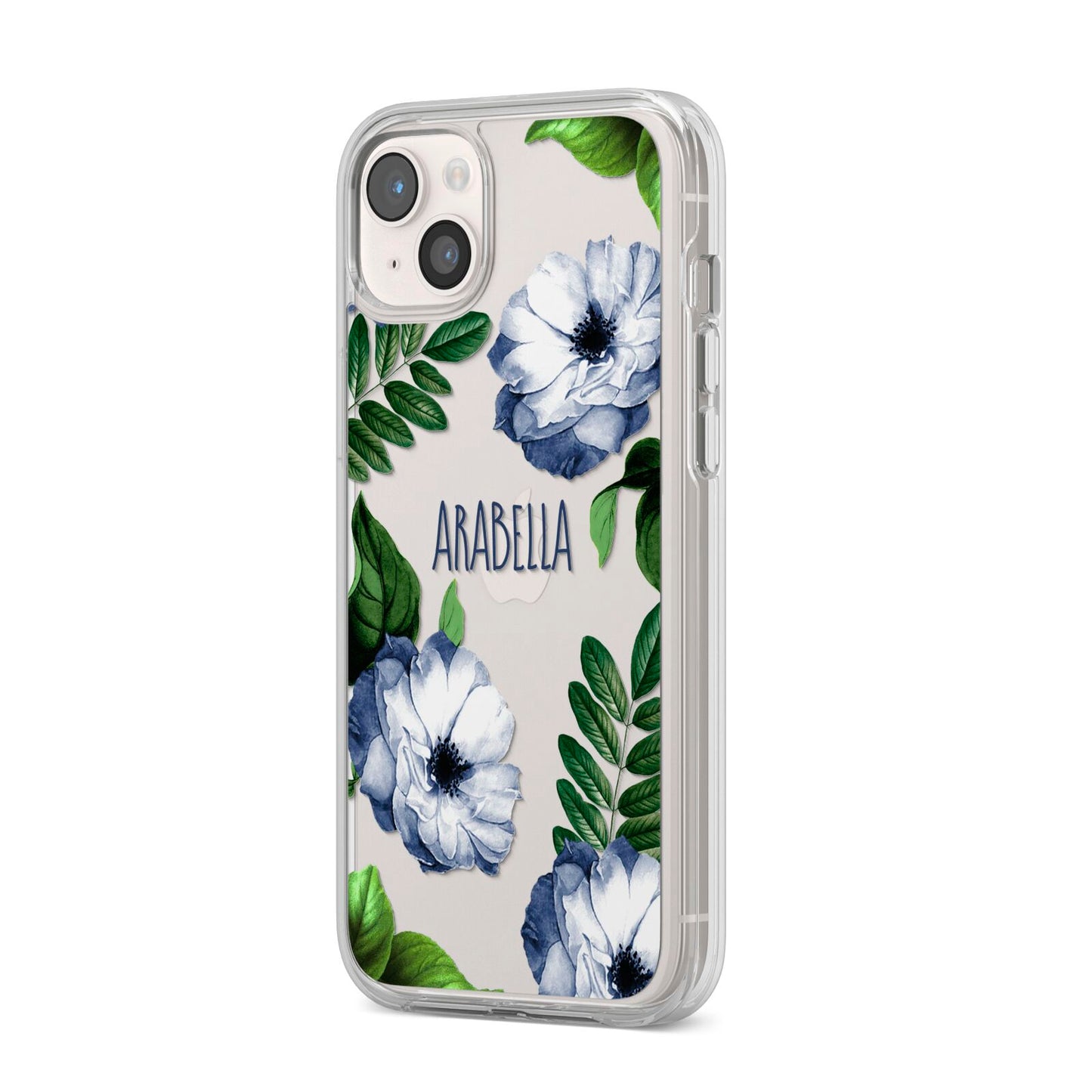 Blue Floral Personalised iPhone 14 Plus Clear Tough Case Starlight Angled Image