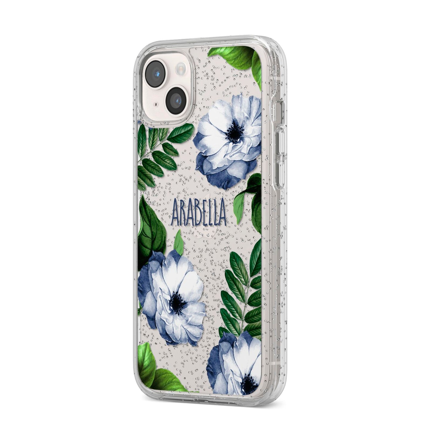 Blue Floral Personalised iPhone 14 Plus Glitter Tough Case Starlight Angled Image