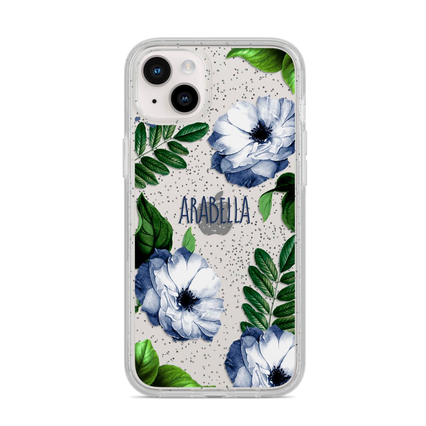 Blue Floral Personalised iPhone 14 Plus Glitter Tough Case Starlight