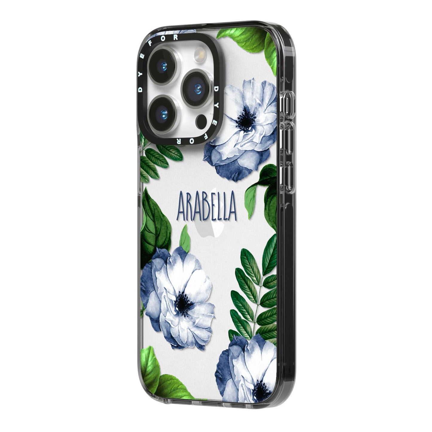 Blue Floral Personalised iPhone 14 Pro Black Impact Case Side Angle on Silver phone