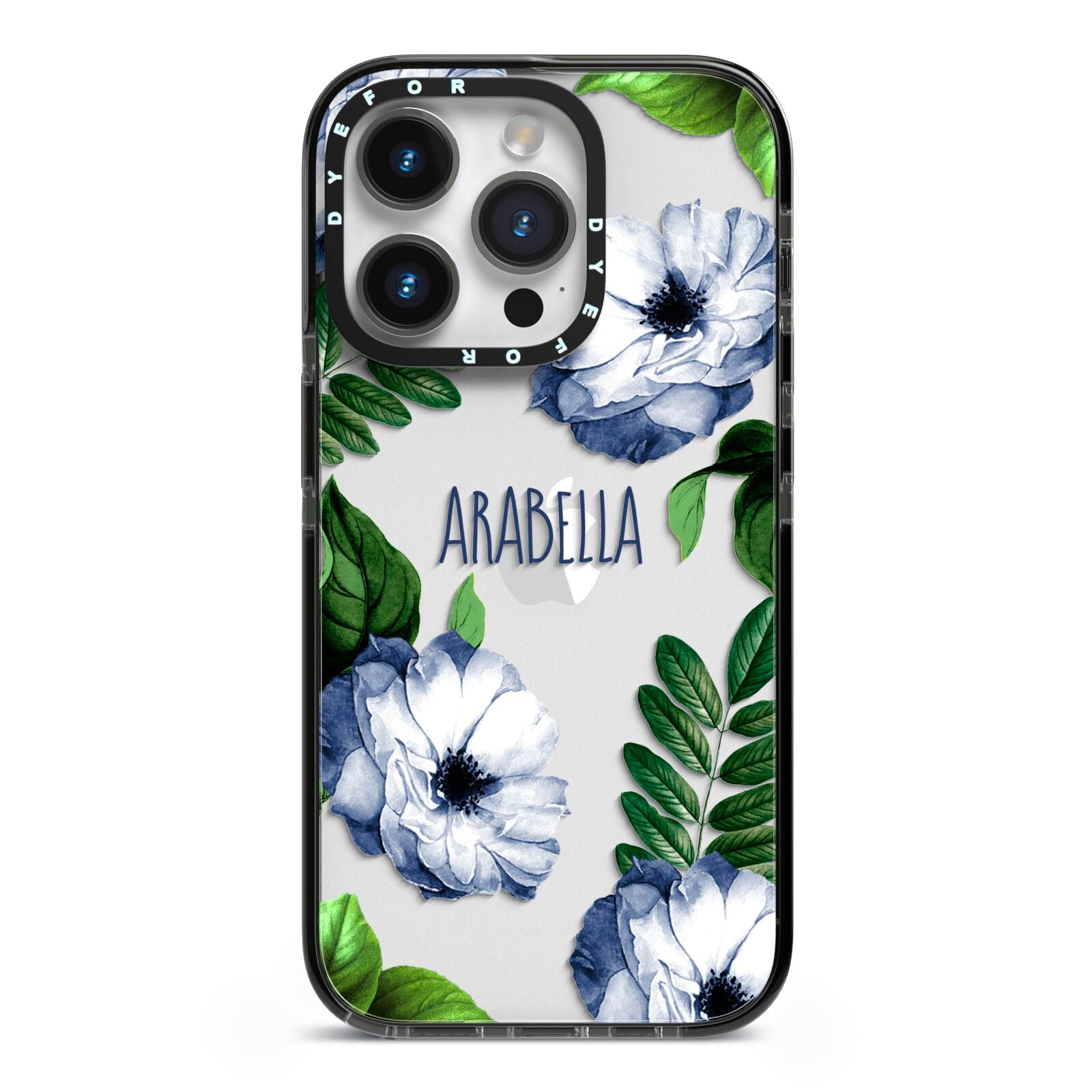 Blue Floral Personalised iPhone 14 Pro Black Impact Case on Silver phone