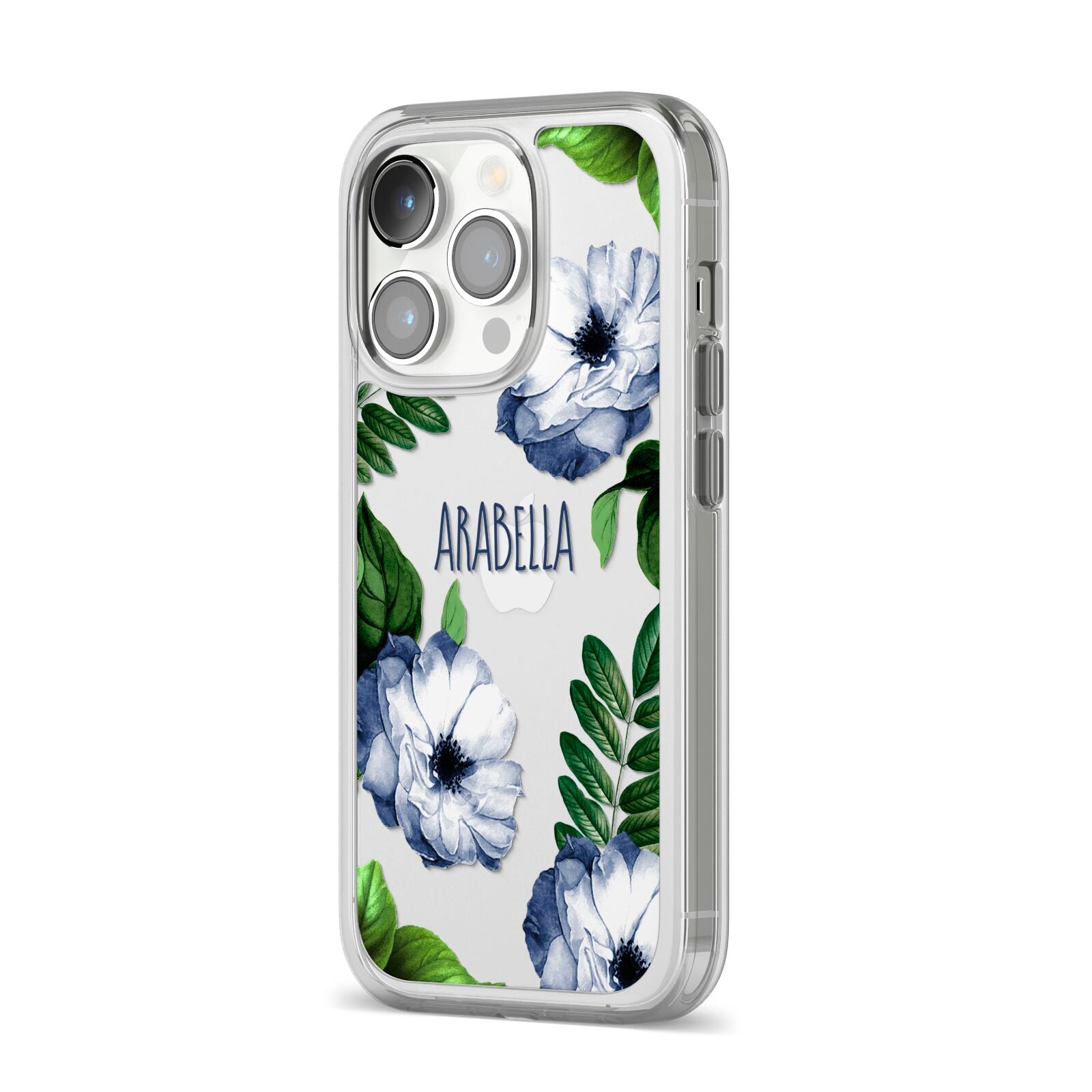 Blue Floral Personalised iPhone 14 Pro Clear Tough Case Silver Angled Image