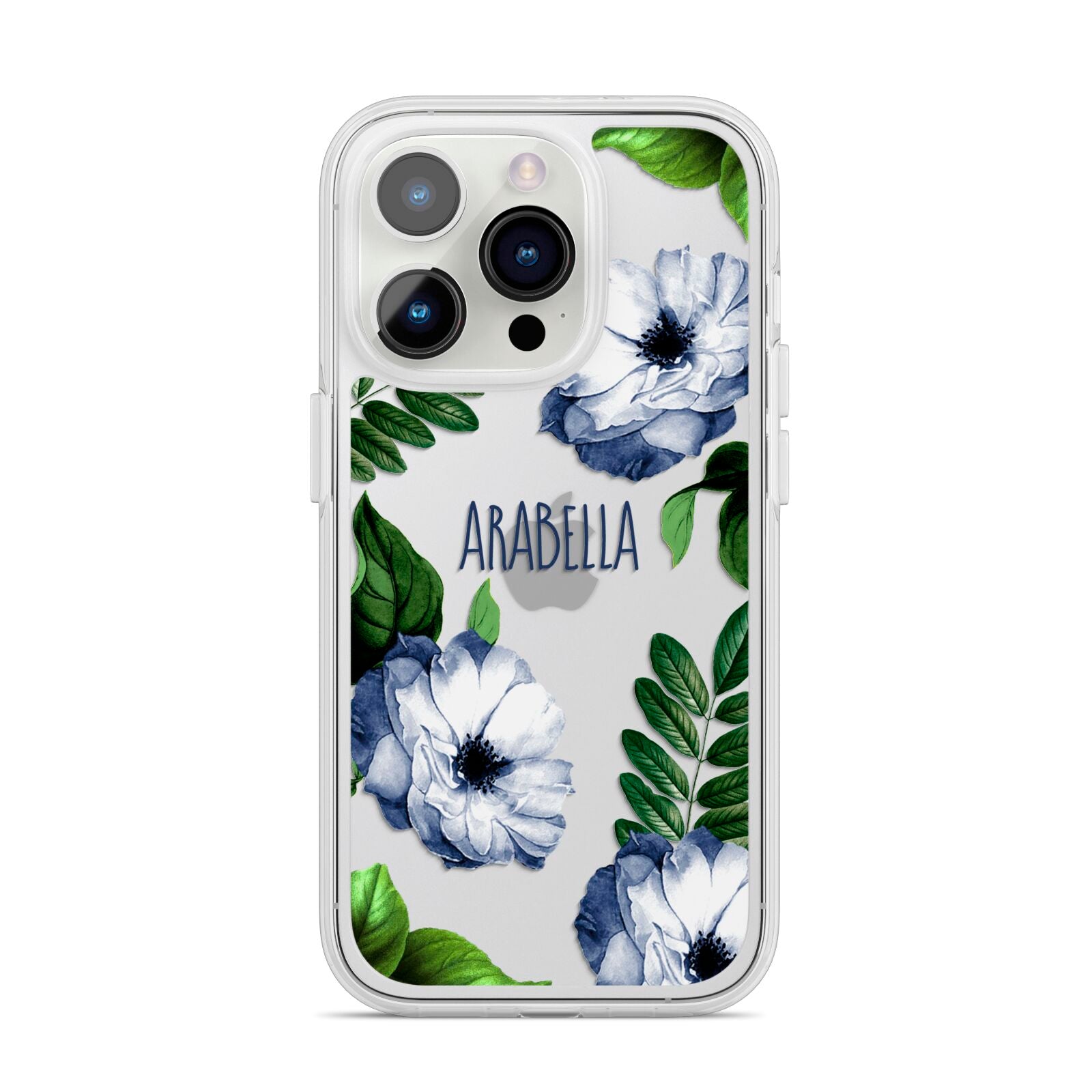 Blue Floral Personalised iPhone 14 Pro Clear Tough Case Silver