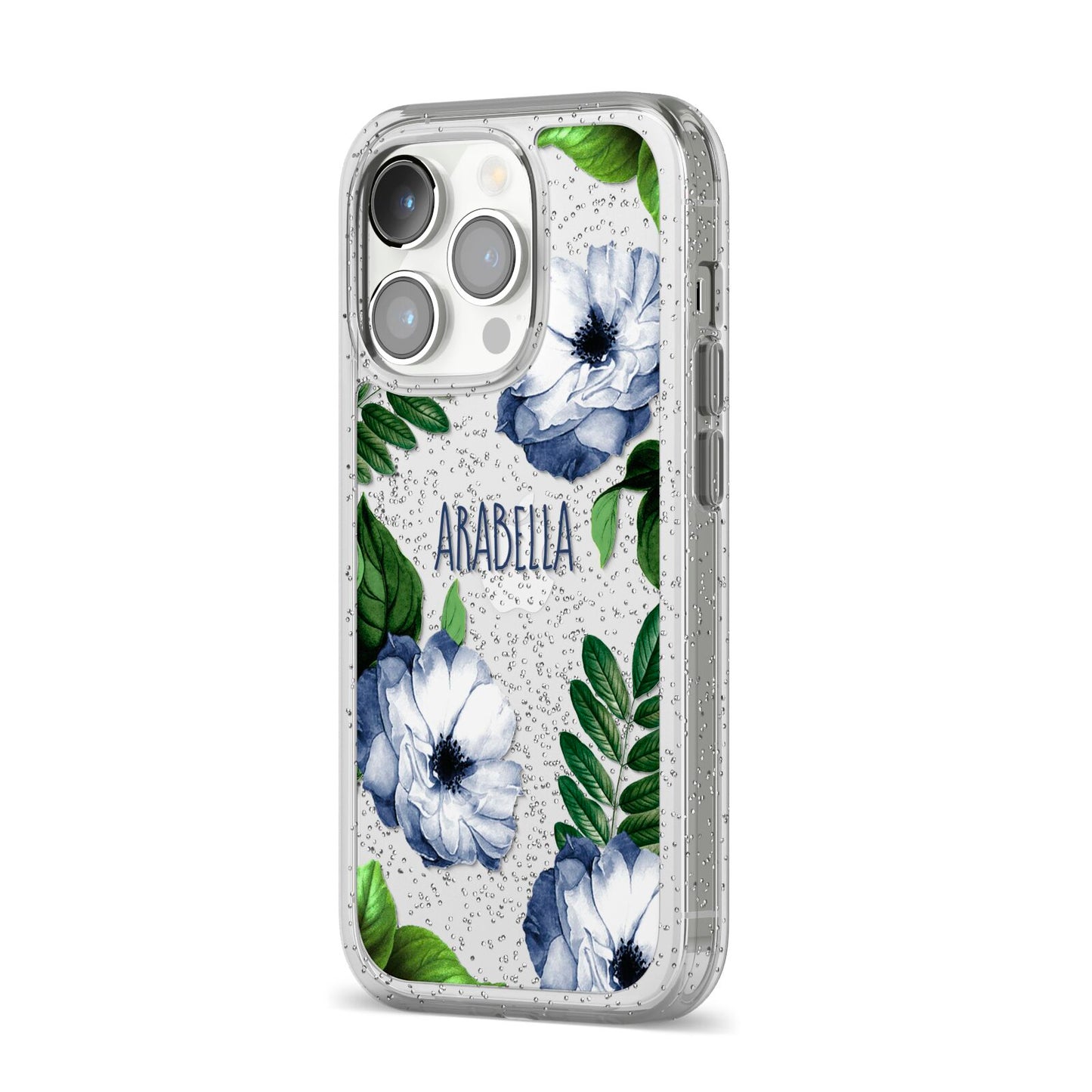 Blue Floral Personalised iPhone 14 Pro Glitter Tough Case Silver Angled Image