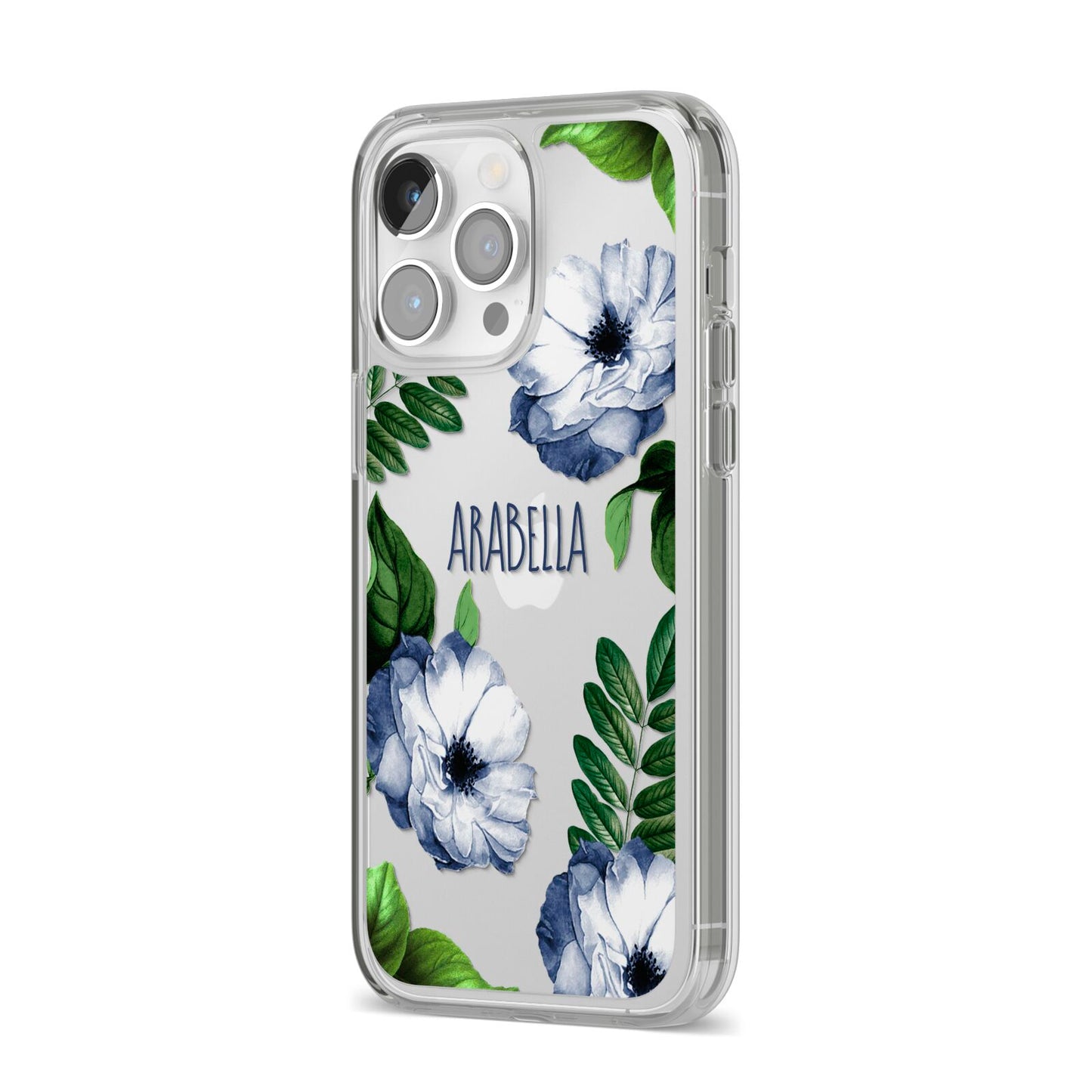 Blue Floral Personalised iPhone 14 Pro Max Clear Tough Case Silver Angled Image