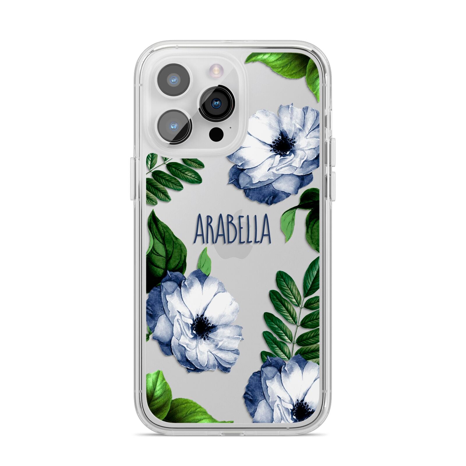 Blue Floral Personalised iPhone 14 Pro Max Clear Tough Case Silver