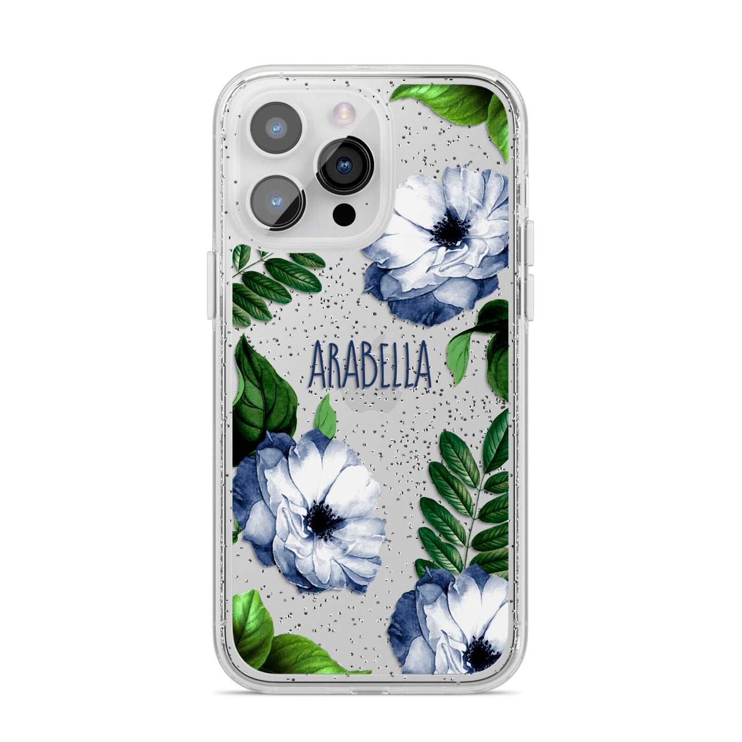 Blue Floral Personalised iPhone 14 Pro Max Glitter Tough Case Silver