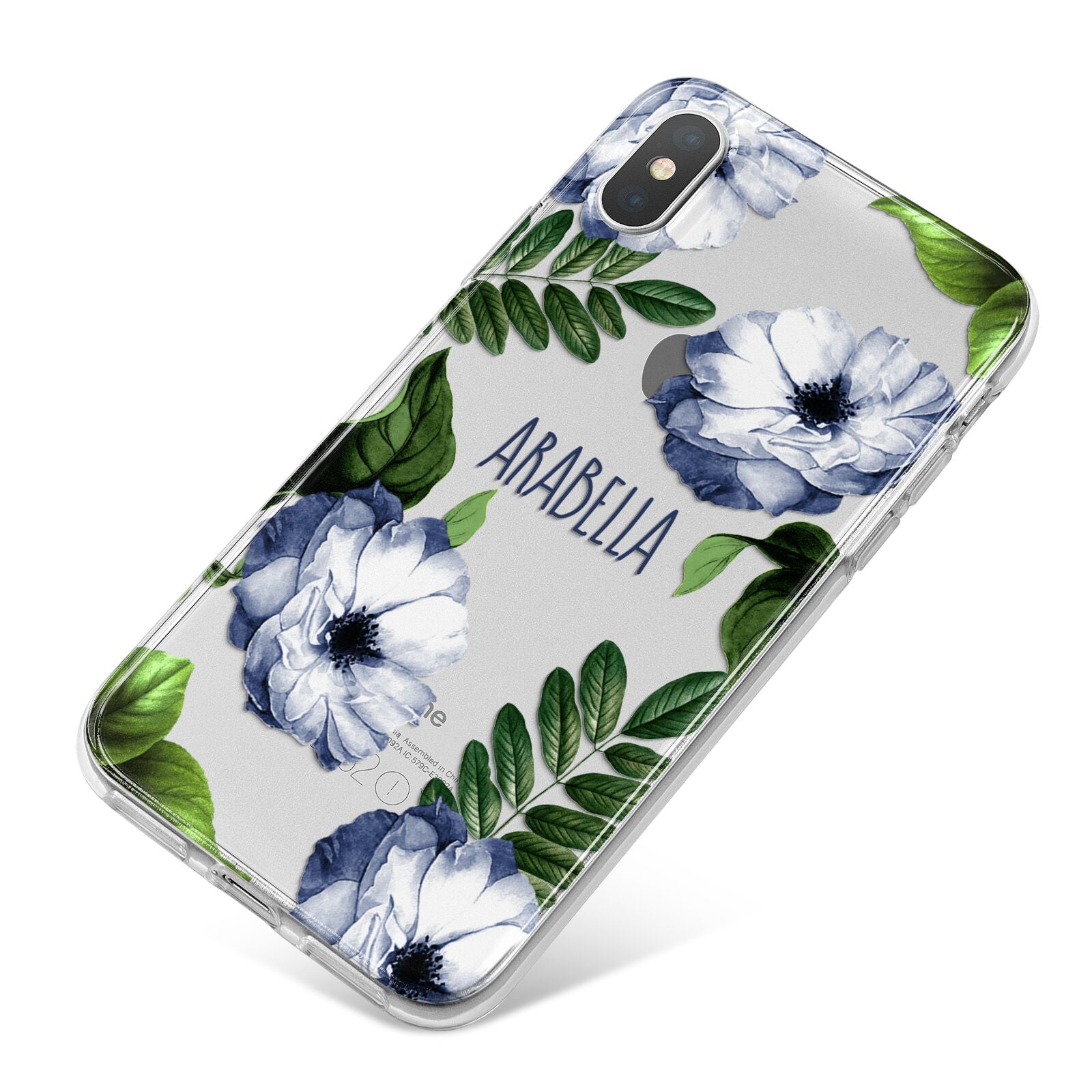 Blue Floral Personalised iPhone X Bumper Case on Silver iPhone