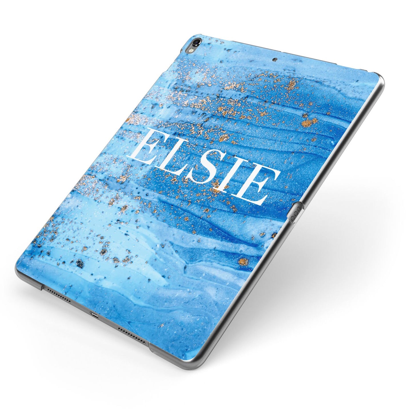 Blue Gold Marble Personalised Apple iPad Case on Grey iPad Side View