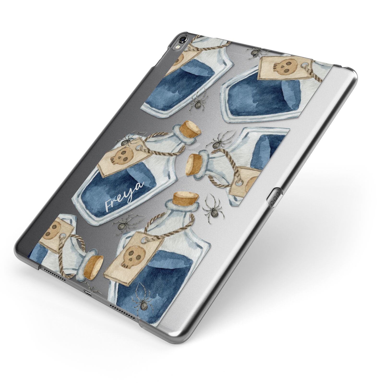 Blue Halloween Potion Apple iPad Case on Grey iPad Side View