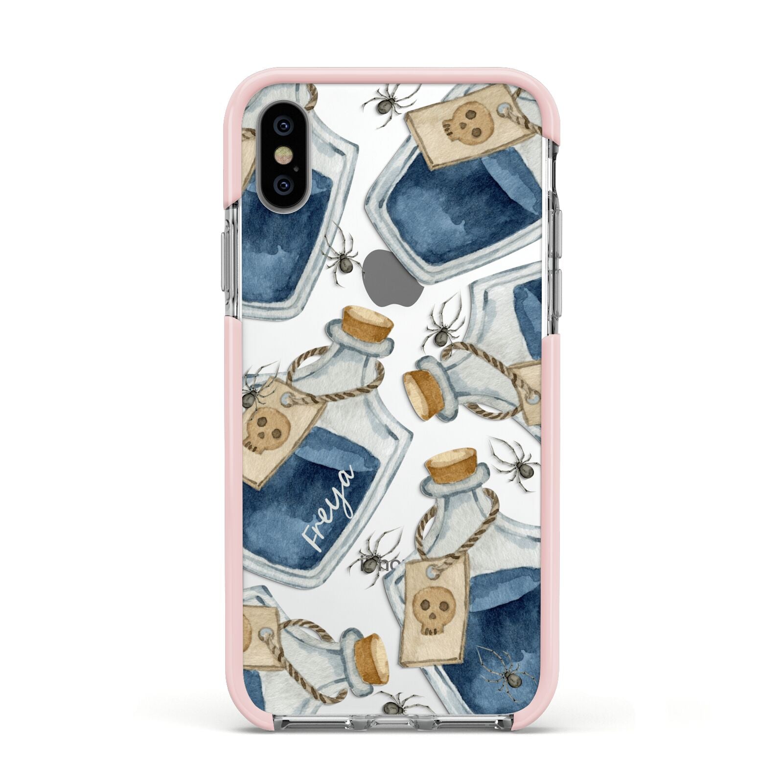 Blue Halloween Potion Apple iPhone Xs Impact Case Pink Edge on Silver Phone
