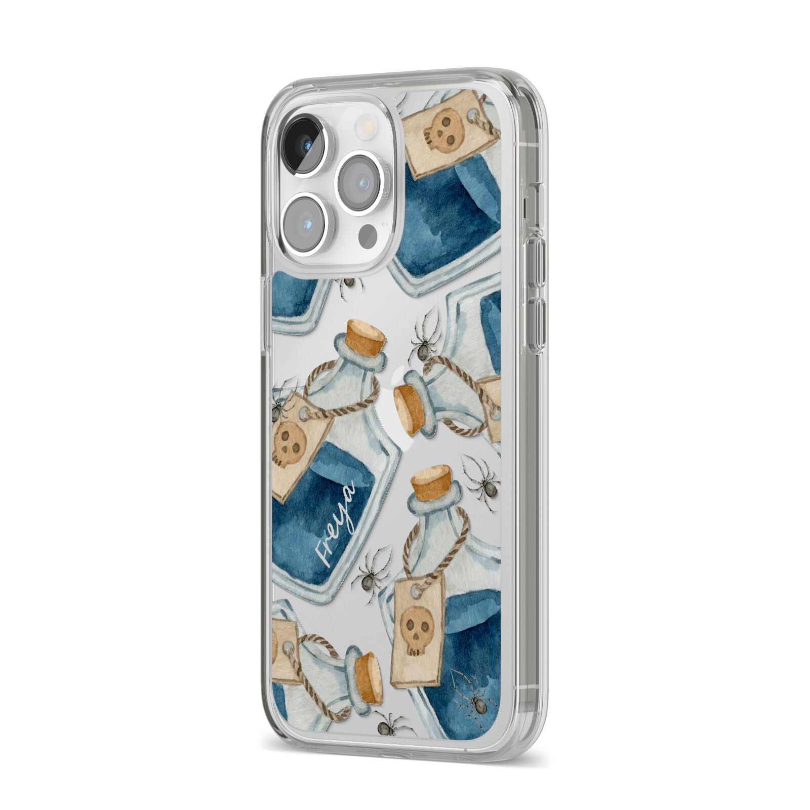 Blue Halloween Potion iPhone 14 Pro Max Clear Tough Case Silver Angled Image