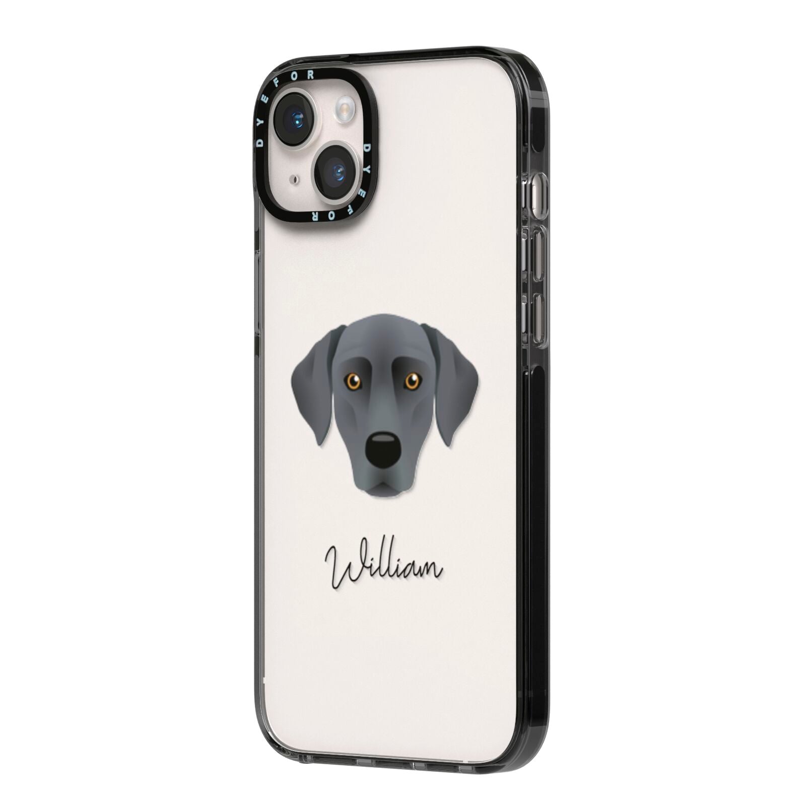 Blue Lacy Personalised iPhone 14 Plus Black Impact Case Side Angle on Silver phone