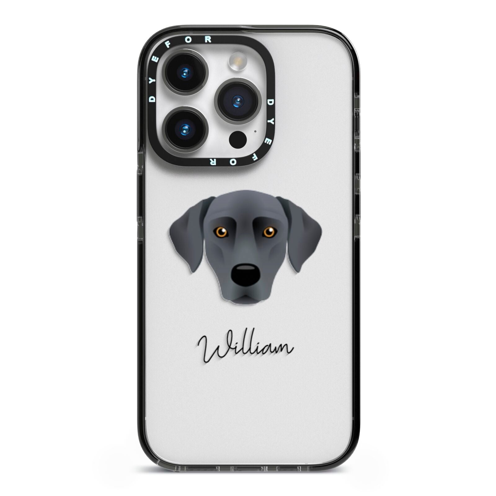 Blue Lacy Personalised iPhone 14 Pro Black Impact Case on Silver phone