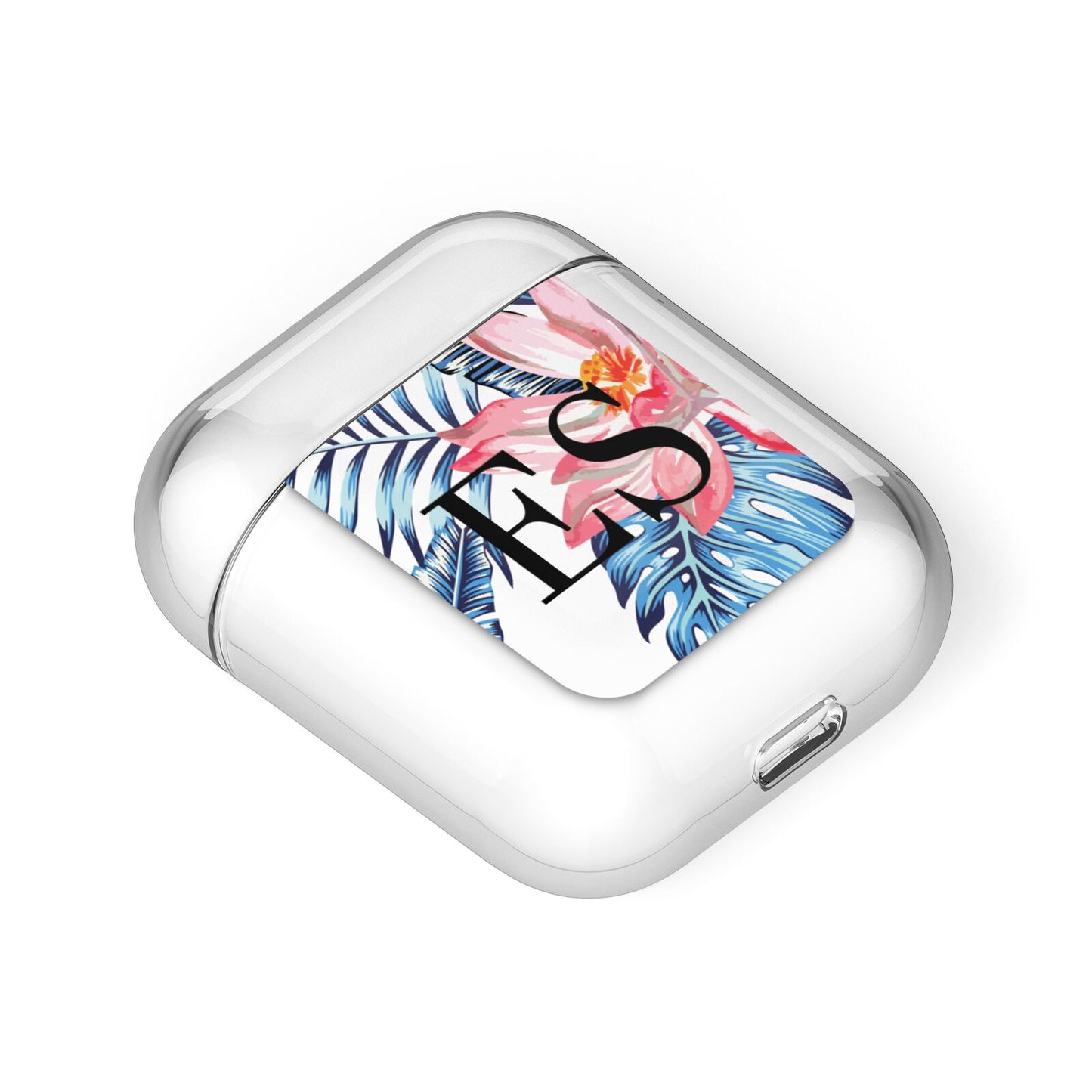 Blue Leaves Pink Flamingos AirPods Case Laid Flat