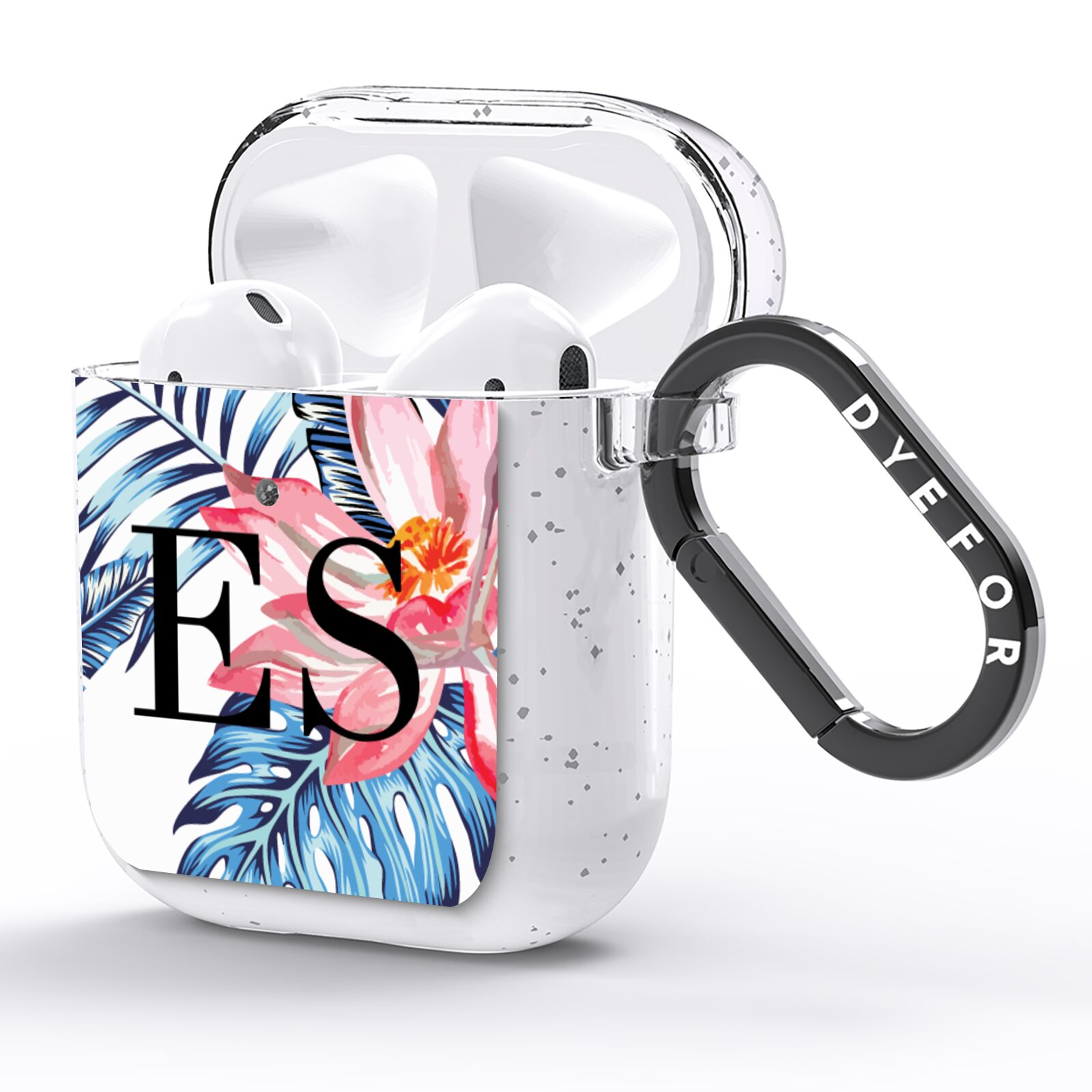 Blue Leaves Pink Flamingos AirPods Glitter Case Side Image