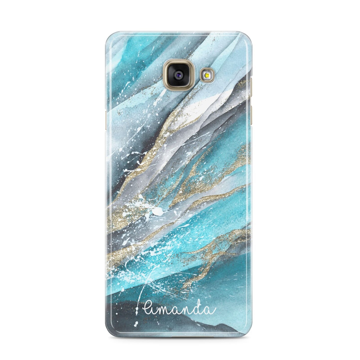 Blue Marble Custom Name Samsung Galaxy A3 2016 Case on gold phone