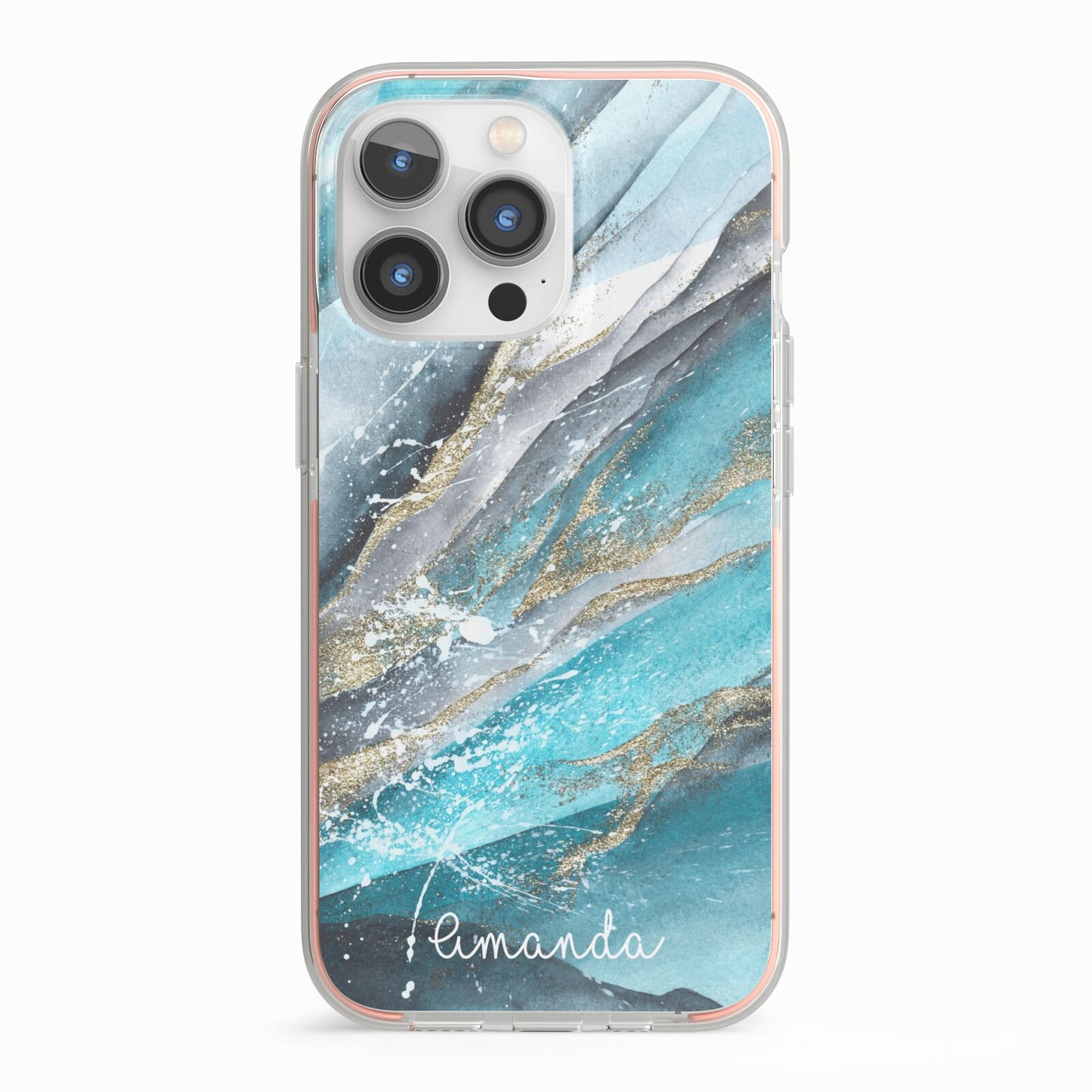 Blue Marble Custom Name iPhone 13 Pro TPU Impact Case with Pink Edges