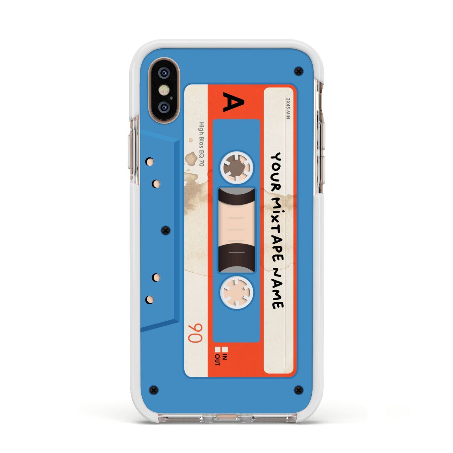 Blue Mixtape Custom Apple iPhone Xs Impact Case White Edge on Gold Phone