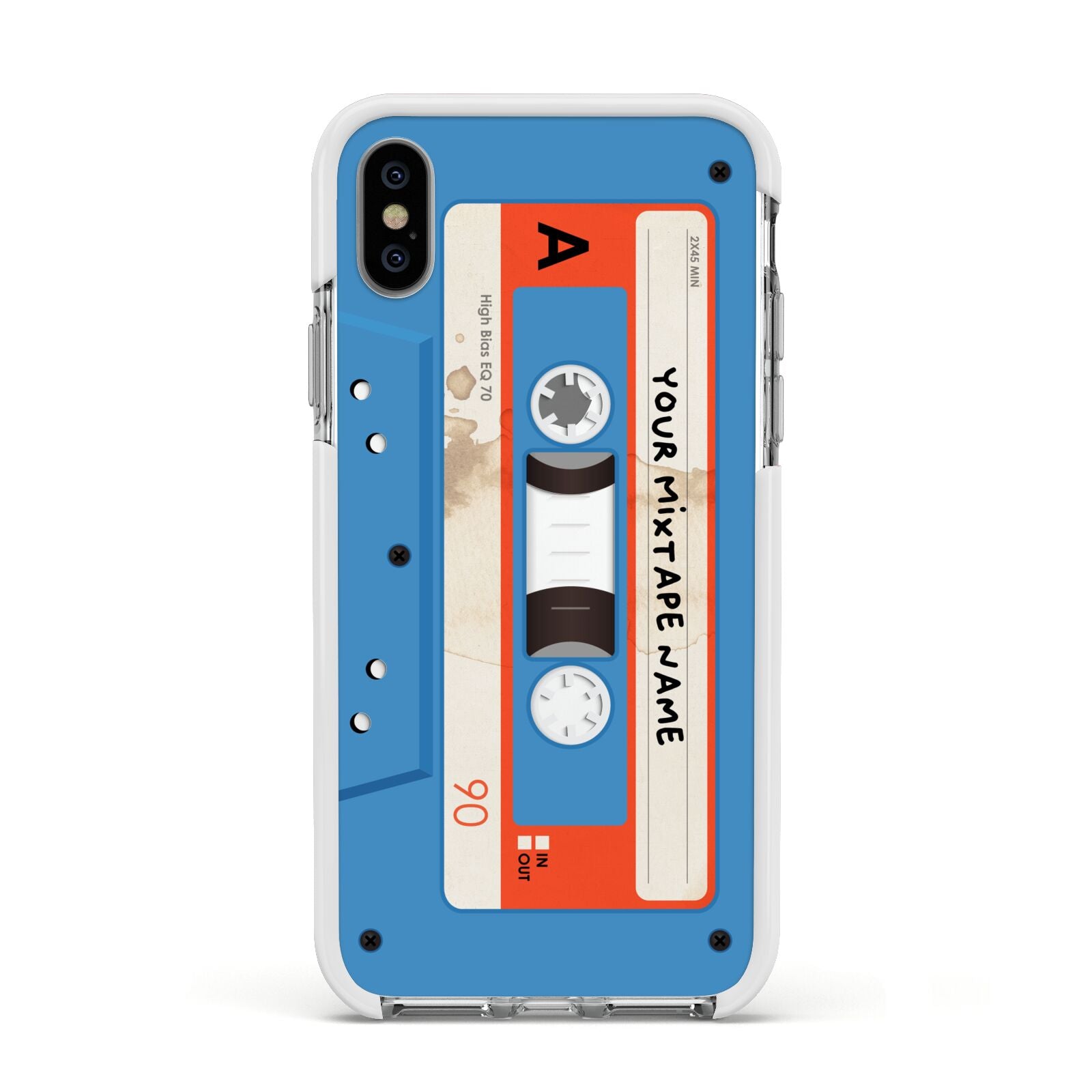 Blue Mixtape Custom Apple iPhone Xs Impact Case White Edge on Silver Phone