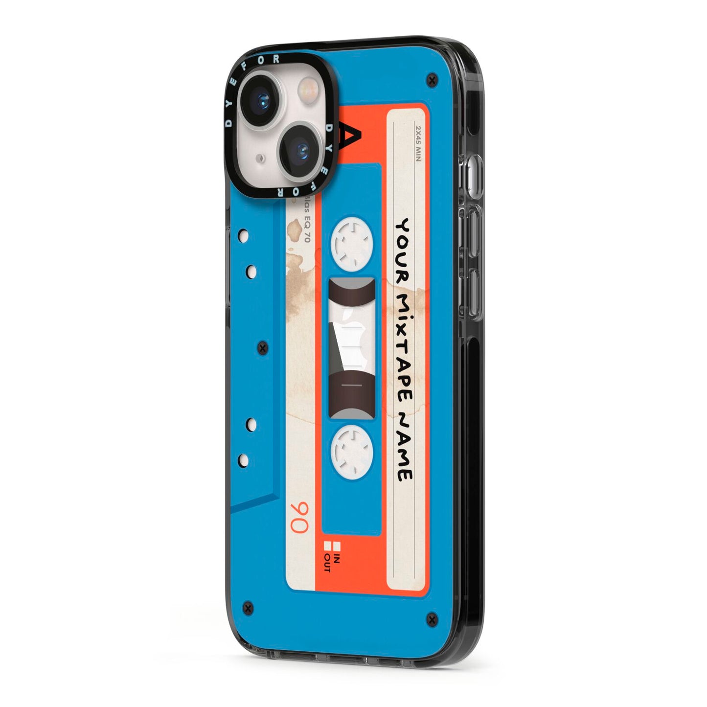 Blue Mixtape Custom iPhone 13 Black Impact Case Side Angle on Silver phone