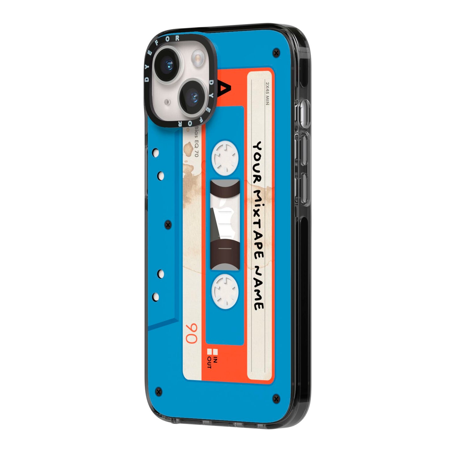 Blue Mixtape Custom iPhone 14 Black Impact Case Side Angle on Silver phone